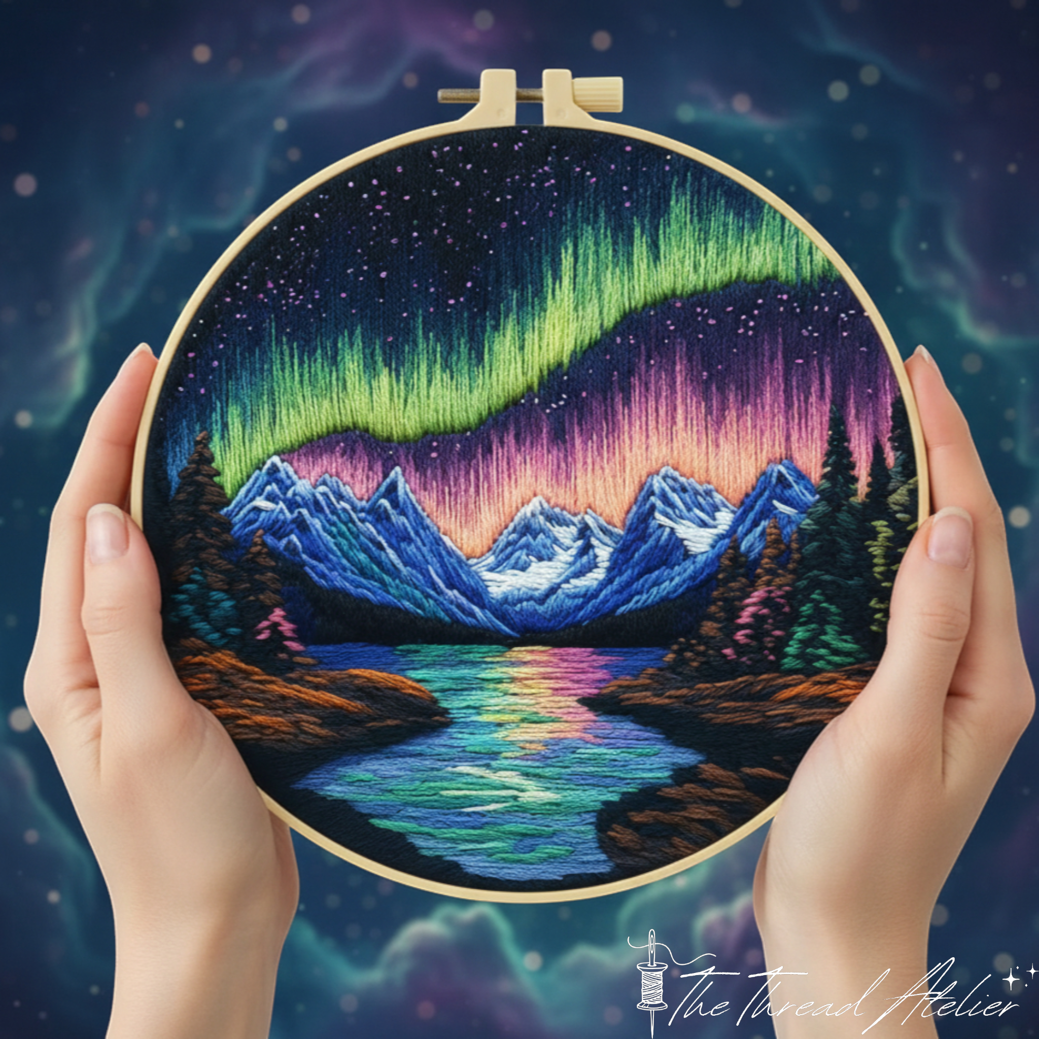 Aurora borealis embroidery kit with starry night mountain landscape