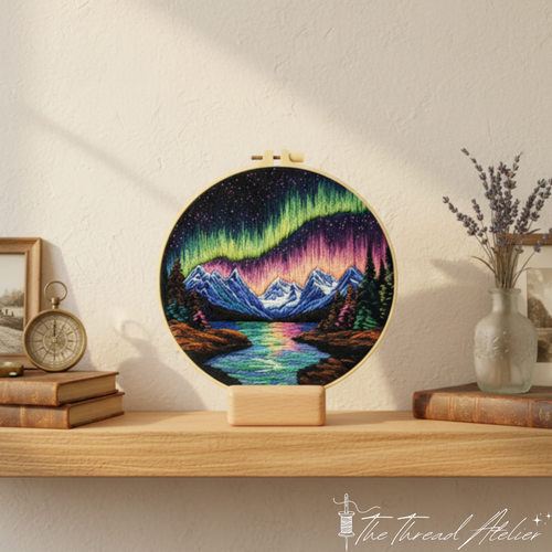 Northern lights needlework stitched in blue, green and violet threads