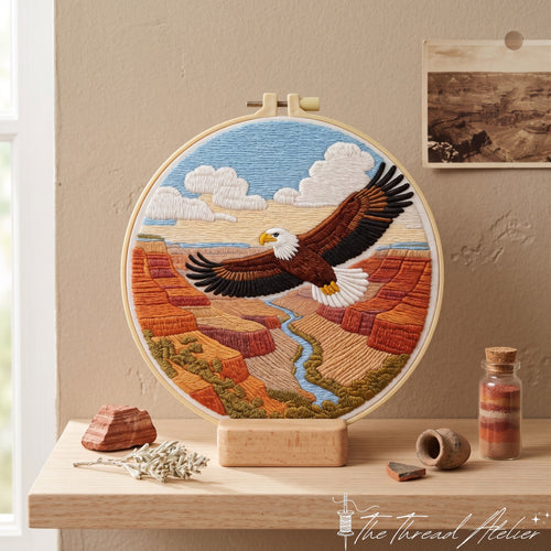 Patriotic American eagle needlework stitched over a canyon scene