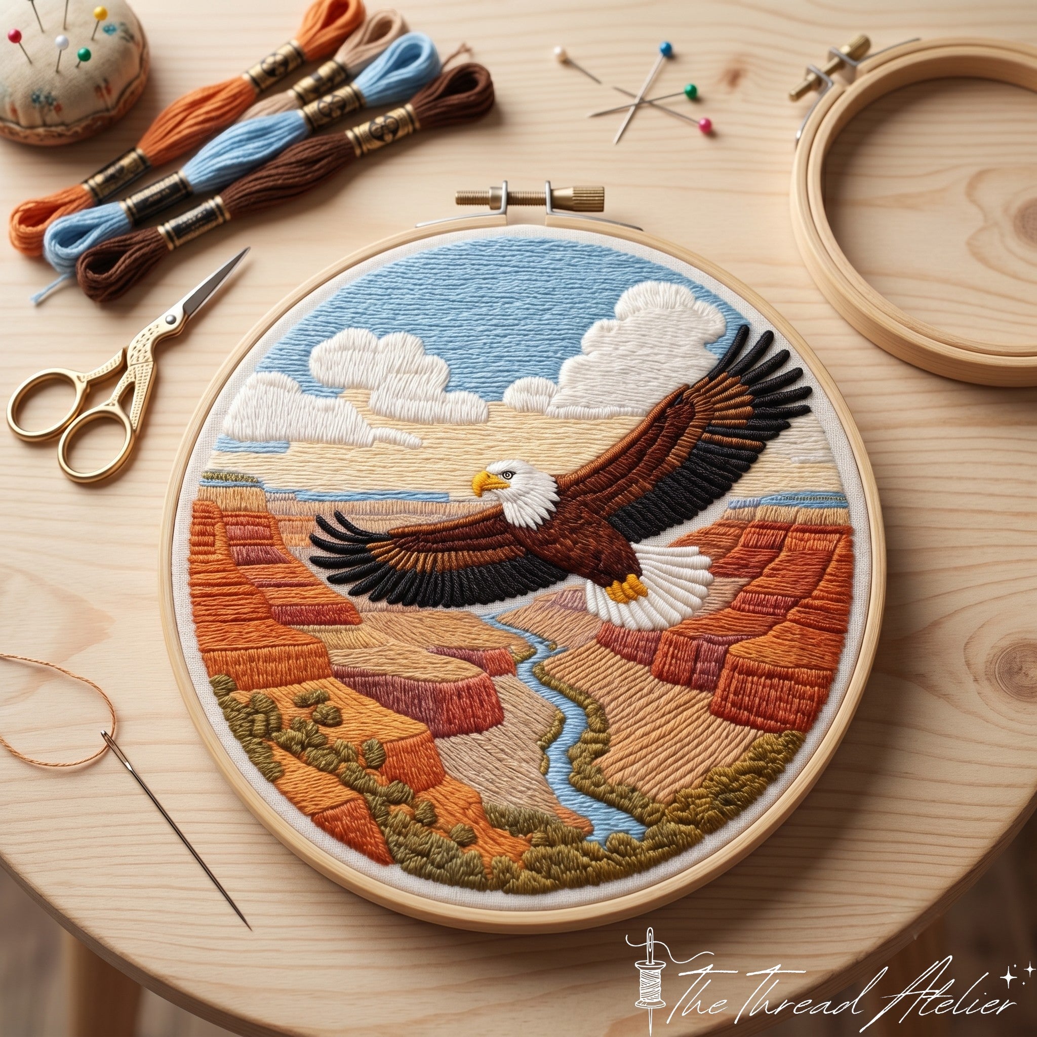 Detail of the bald eagle feathers worked in graduated thread shades