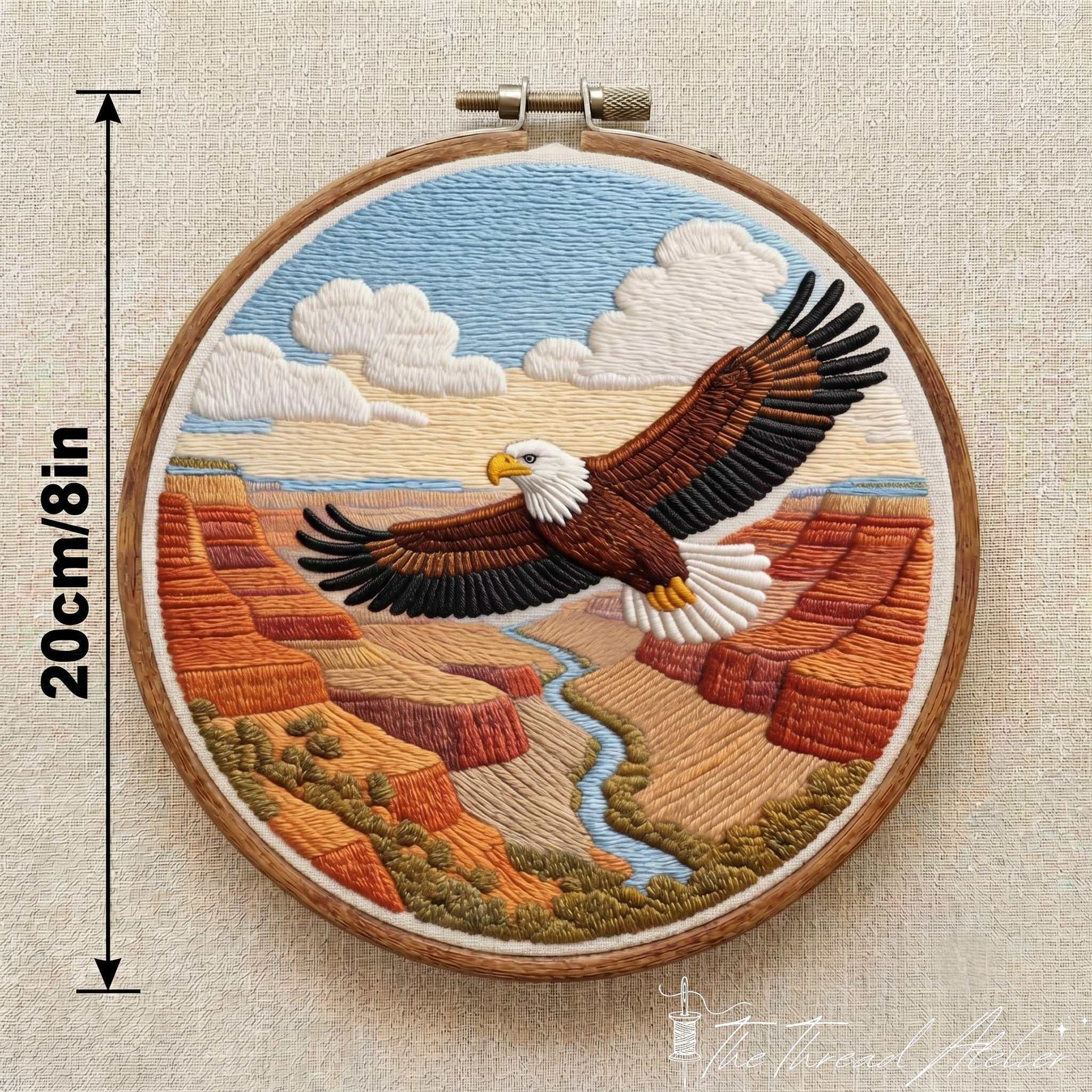 Grand Canyon embroidery pattern with layered rock tones and eagle motif