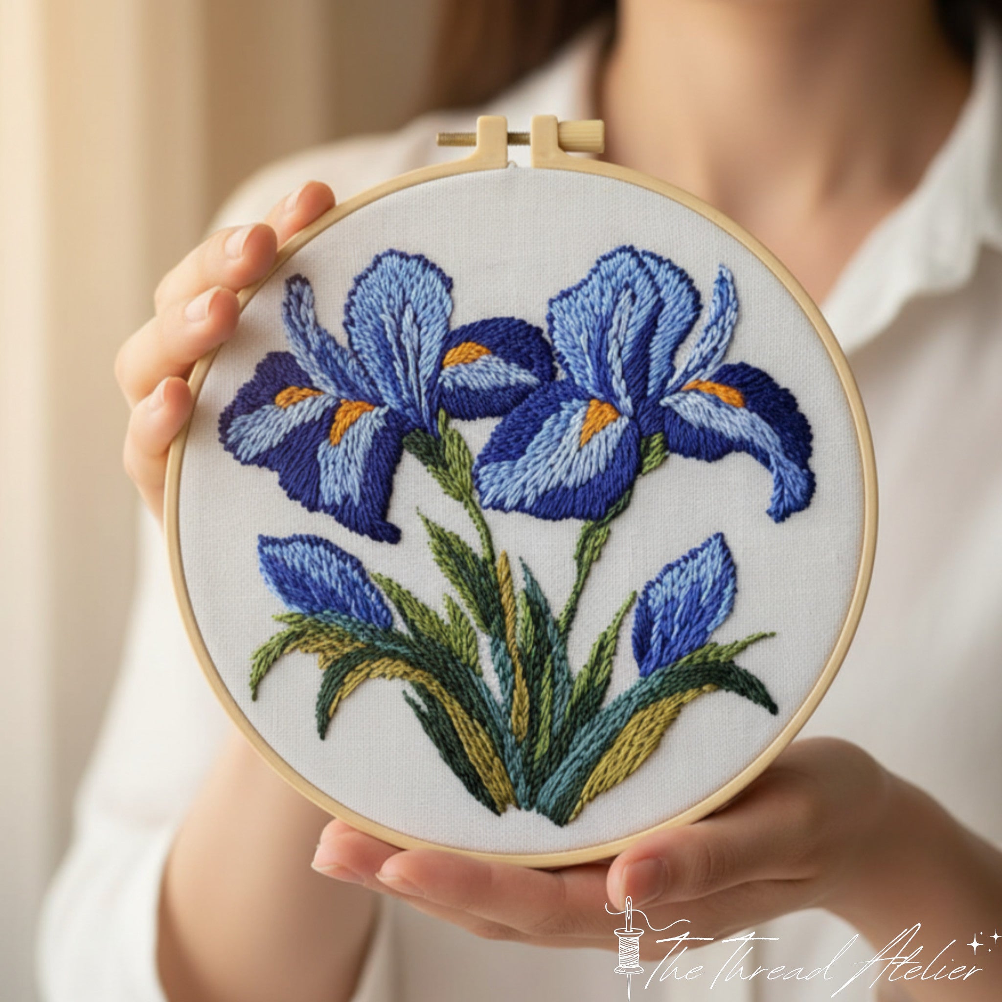 Blue iris embroidery kit, botanical floral hoop art for beginners