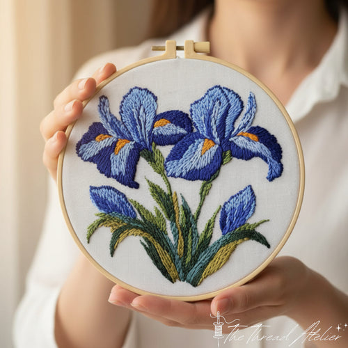 Blue iris embroidery kit, botanical floral hoop art for beginners