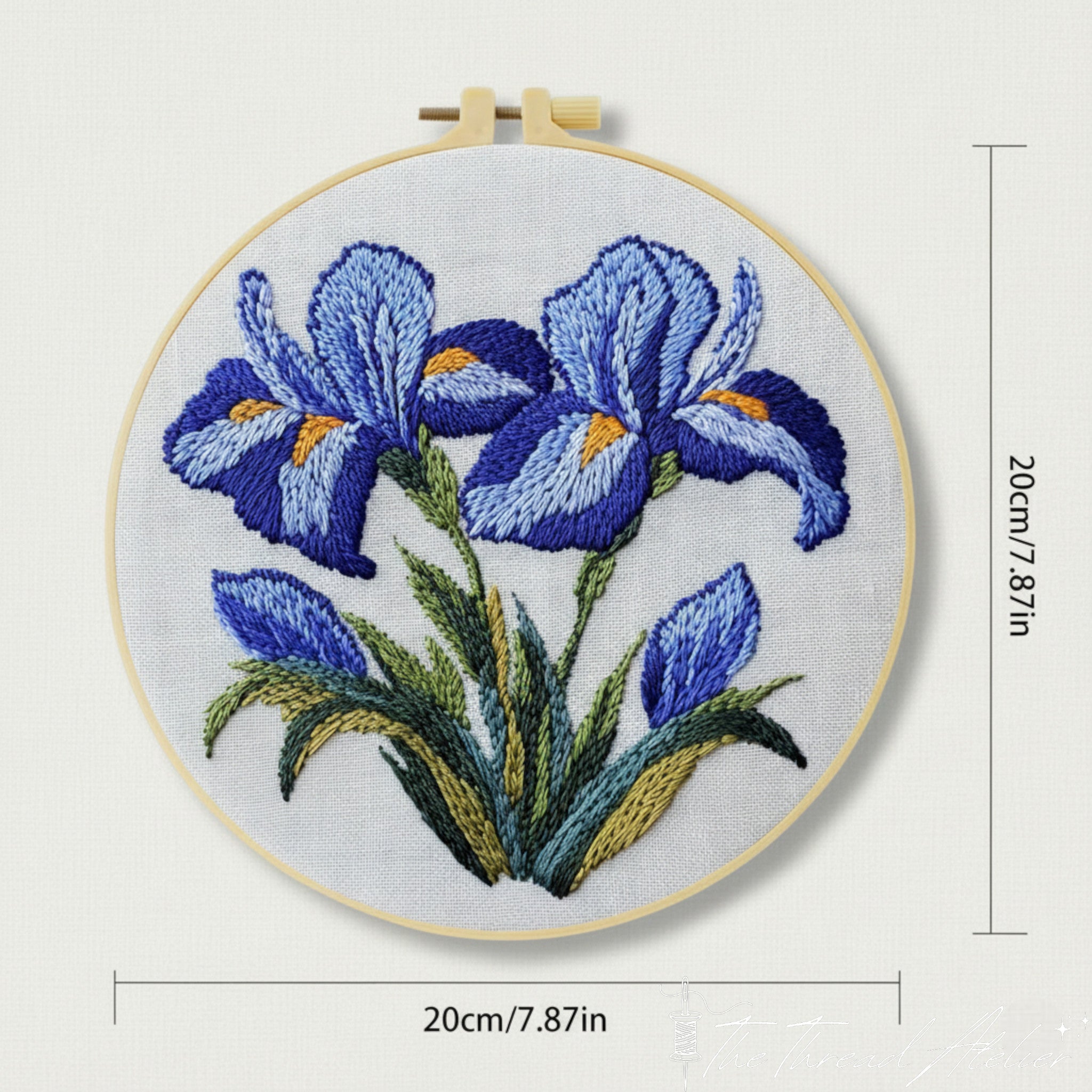 Botanical iris hoop art finished and displayed as wall decor
