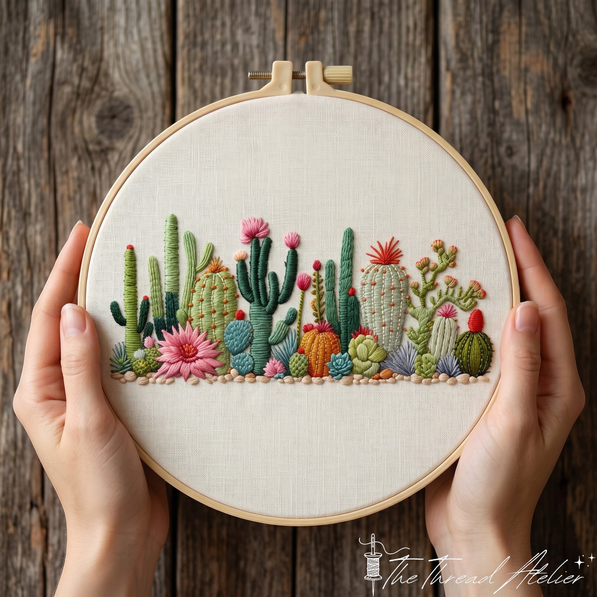 Cactus embroidery kit with succulent garden hoop art design