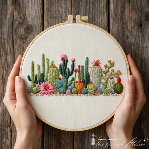 Cactus embroidery kit with succulent garden hoop art design