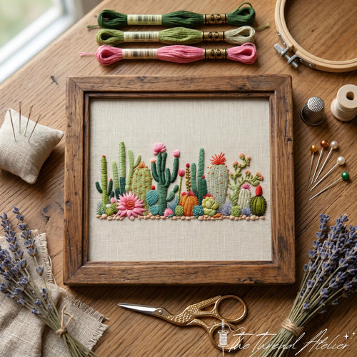 Desert plant needlework stitched in green and terracotta threads
