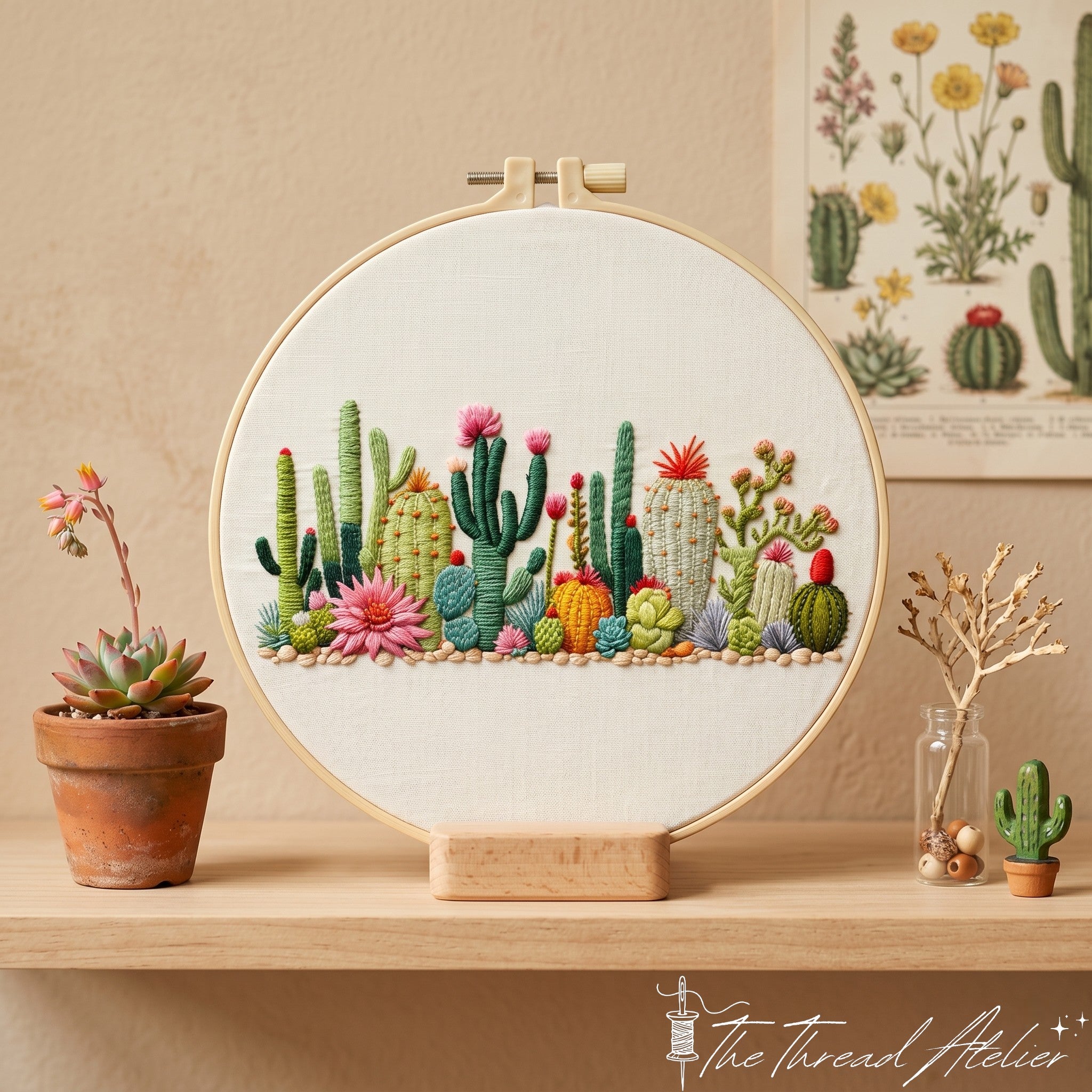 Close view of the cactus spines and succulent leaf stitches