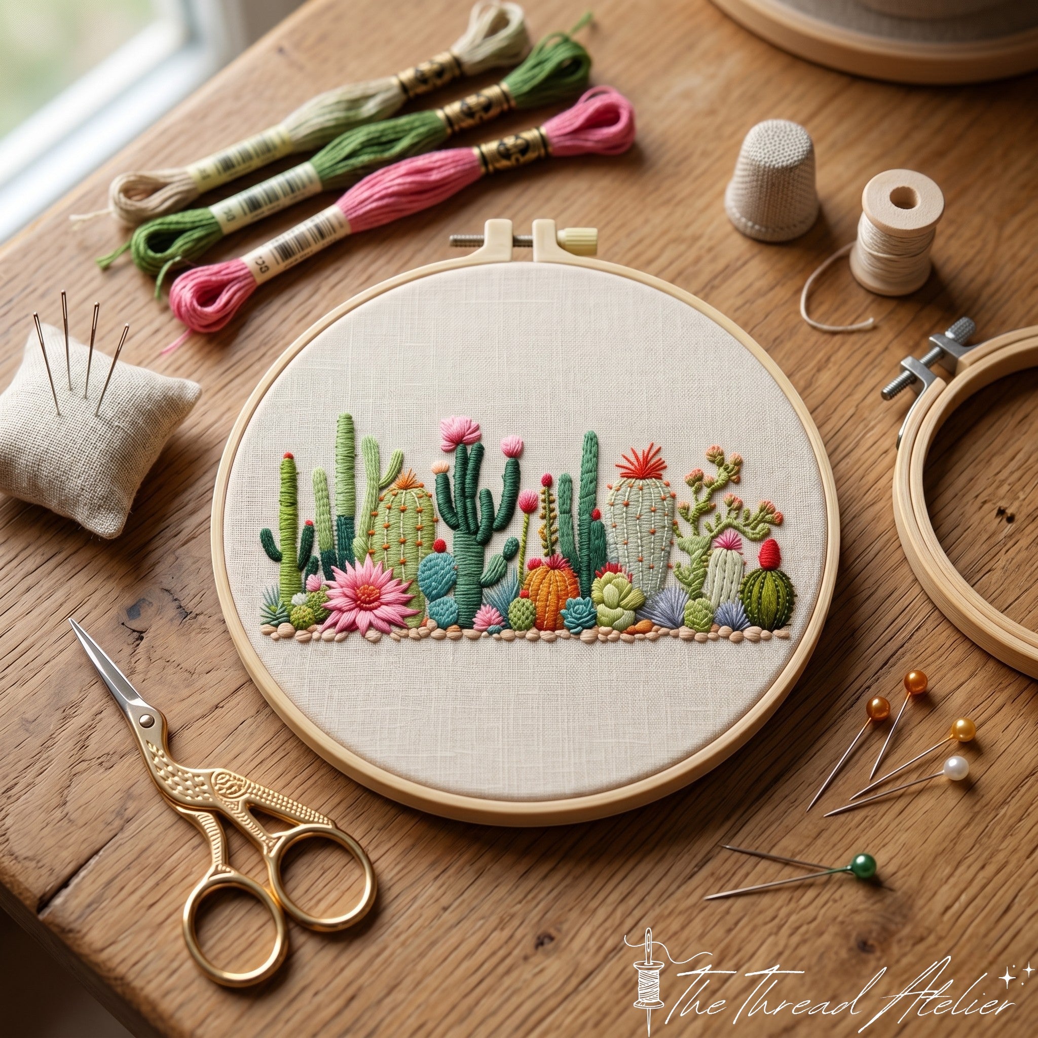 Beginner boho cactus embroidery kit with pre-printed cotton fabric