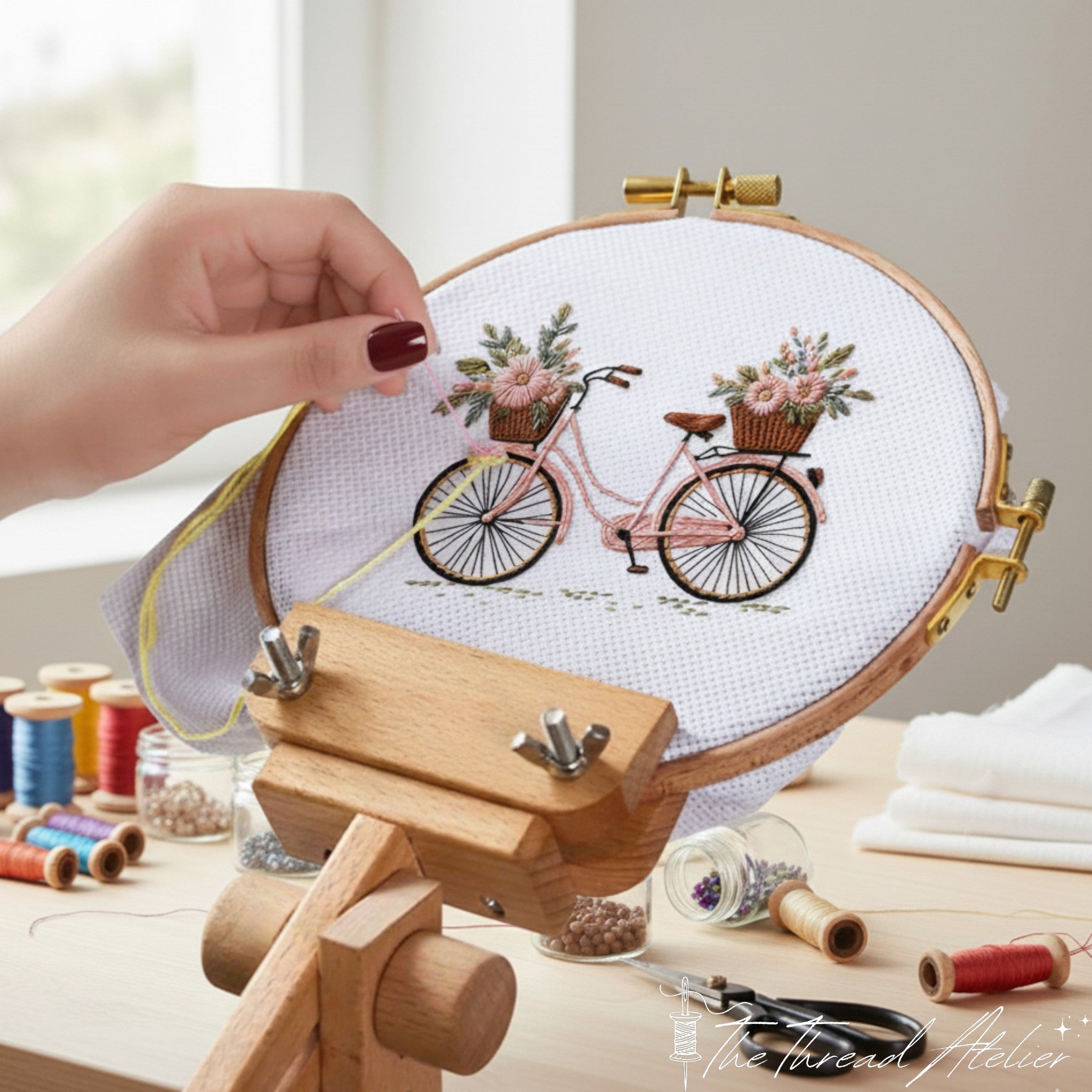 Wooden hoop holder seen from the side with its adjustable arm