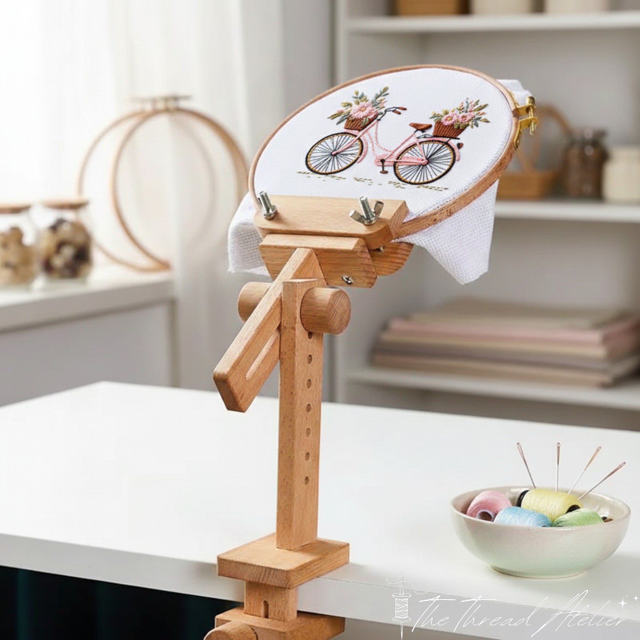 Hands-free embroidery stand made of natural wood