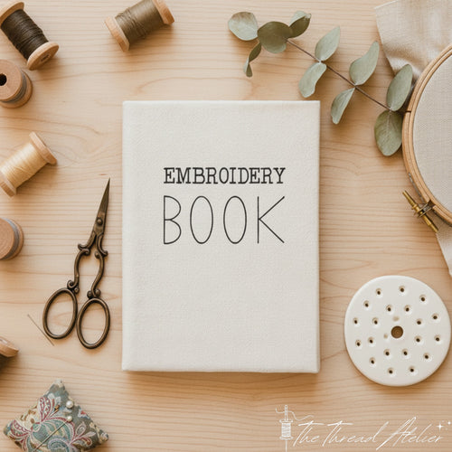 Embroidery stitch book with colorful printed patterns on canvas pages