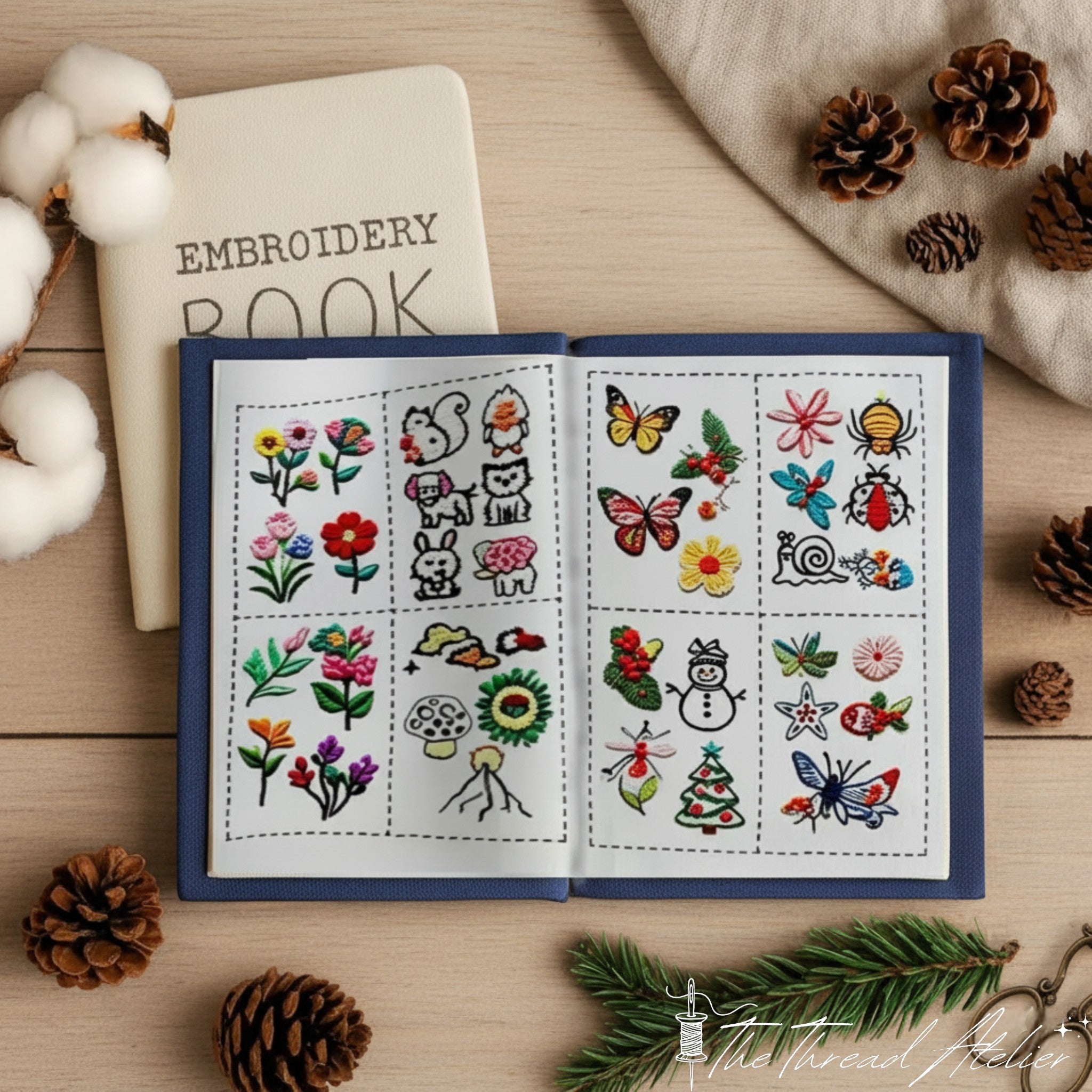 Open stitch sampler book showing embroidered practice squares