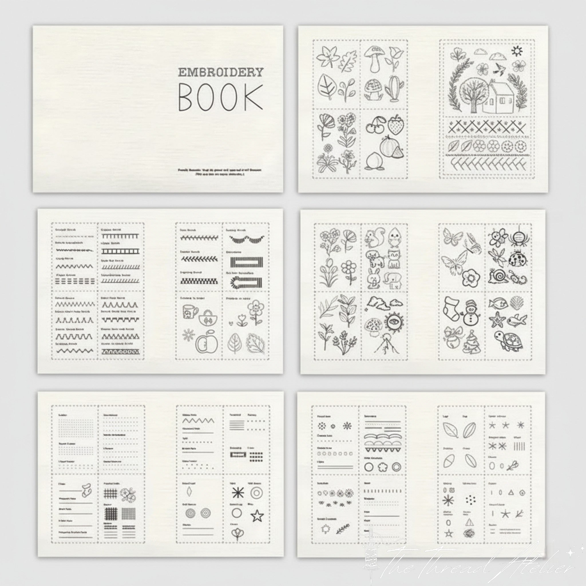 Canvas fabric pages of the stitch book with worked embroidery samples