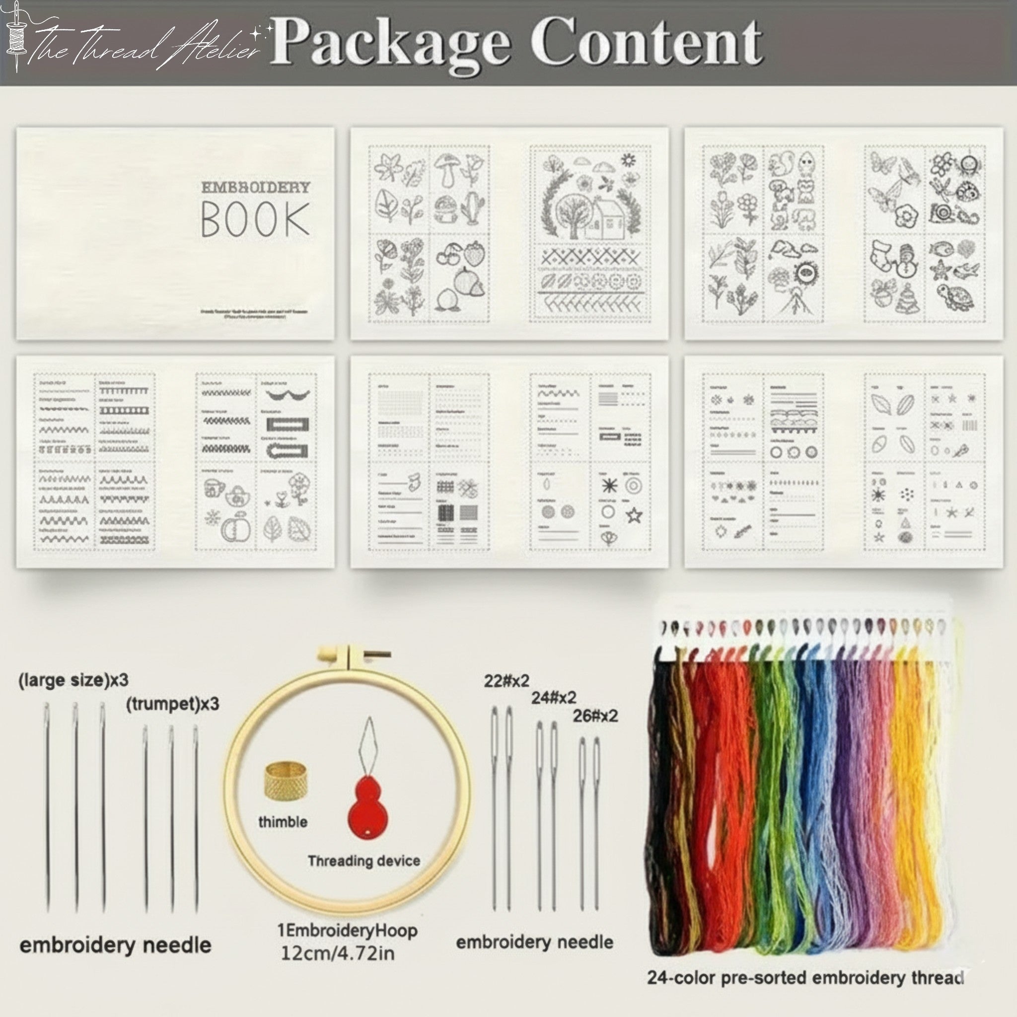 Embroidery stitch book kit with threads and needle for practice