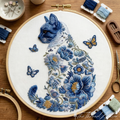 Blue cat embroidery kit with botanical and butterfly hoop art design