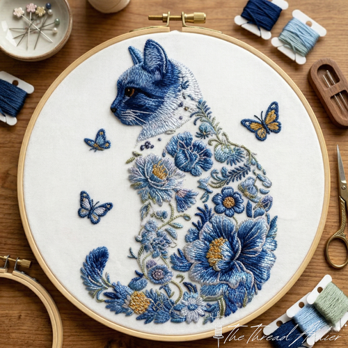 Blue cat embroidery kit with botanical and butterfly hoop art design