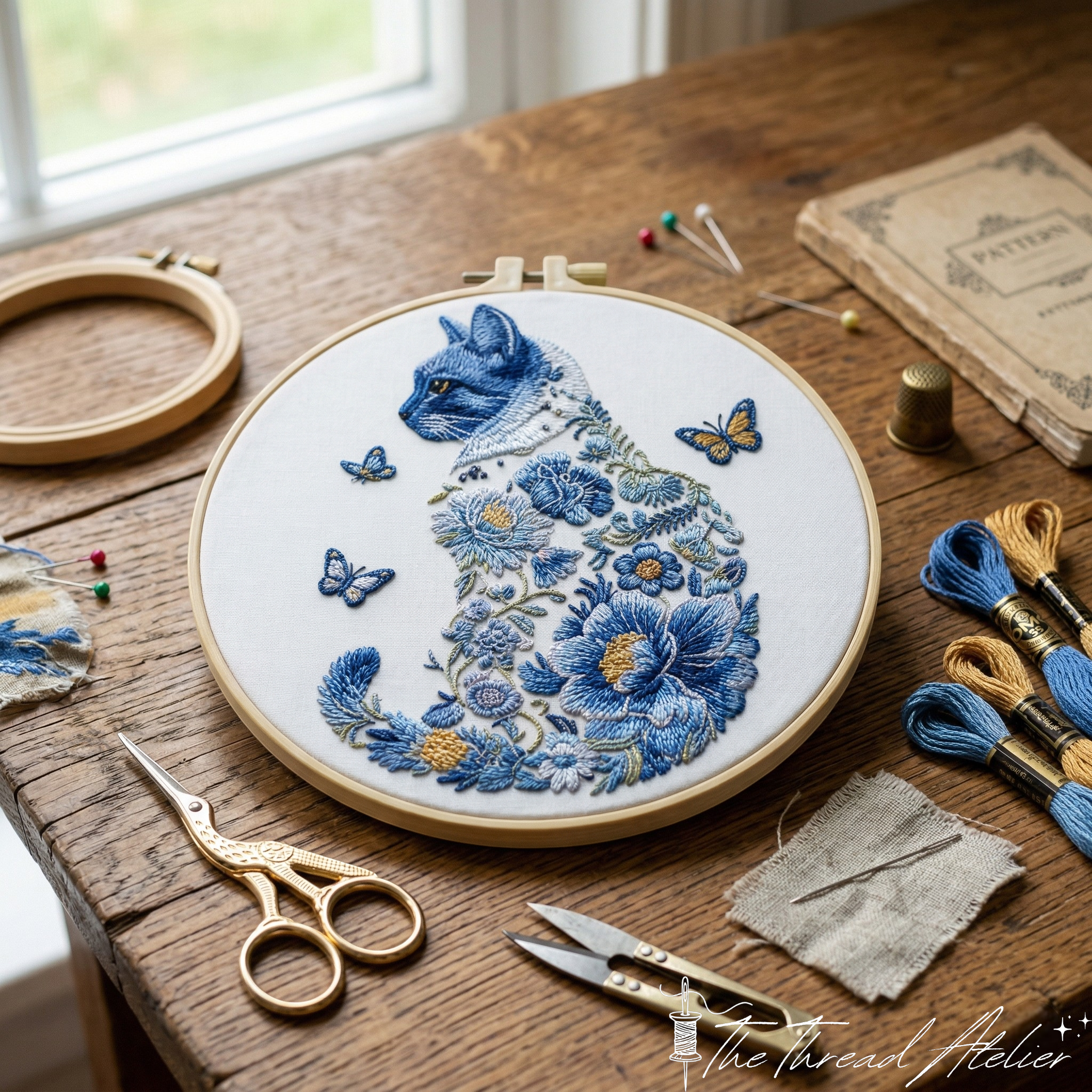 Botanical cat needlework detail showing thread colors and texture
