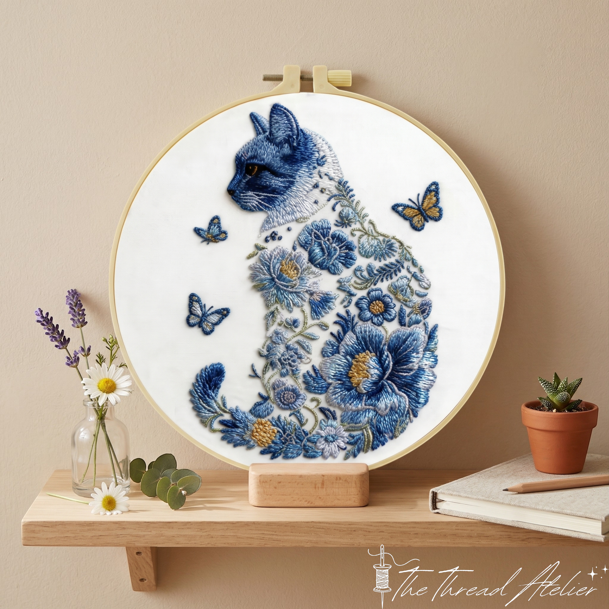 Beginner cat embroidery kit with pre-printed cotton fabric and threads