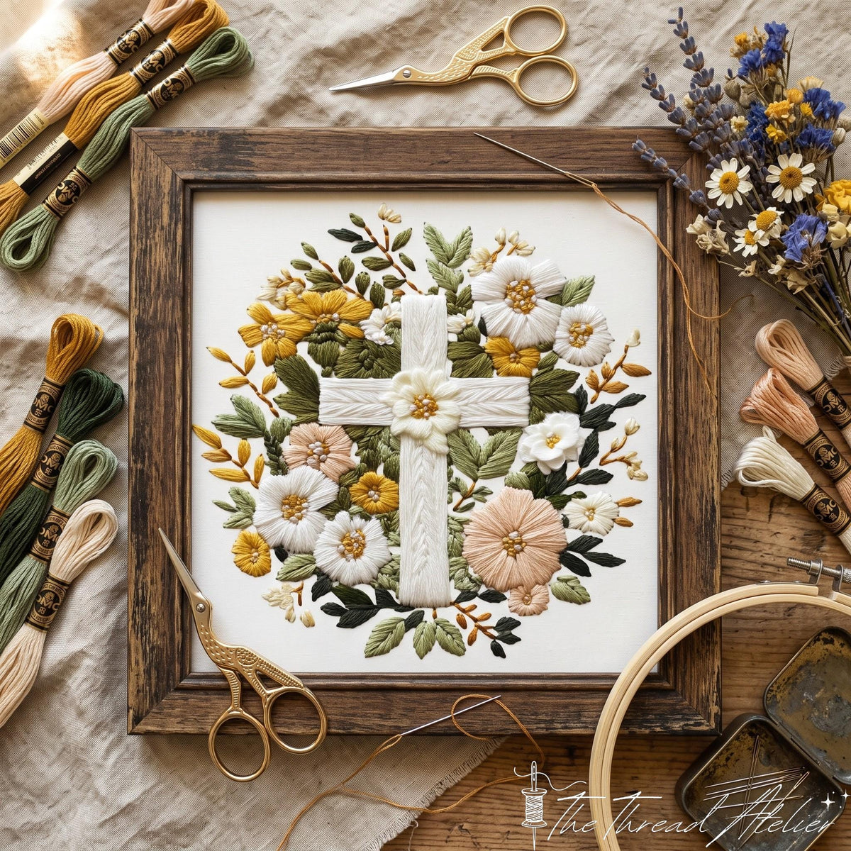 White cross embroidery inside a dark wood frame with floss, scissors and daisies around it