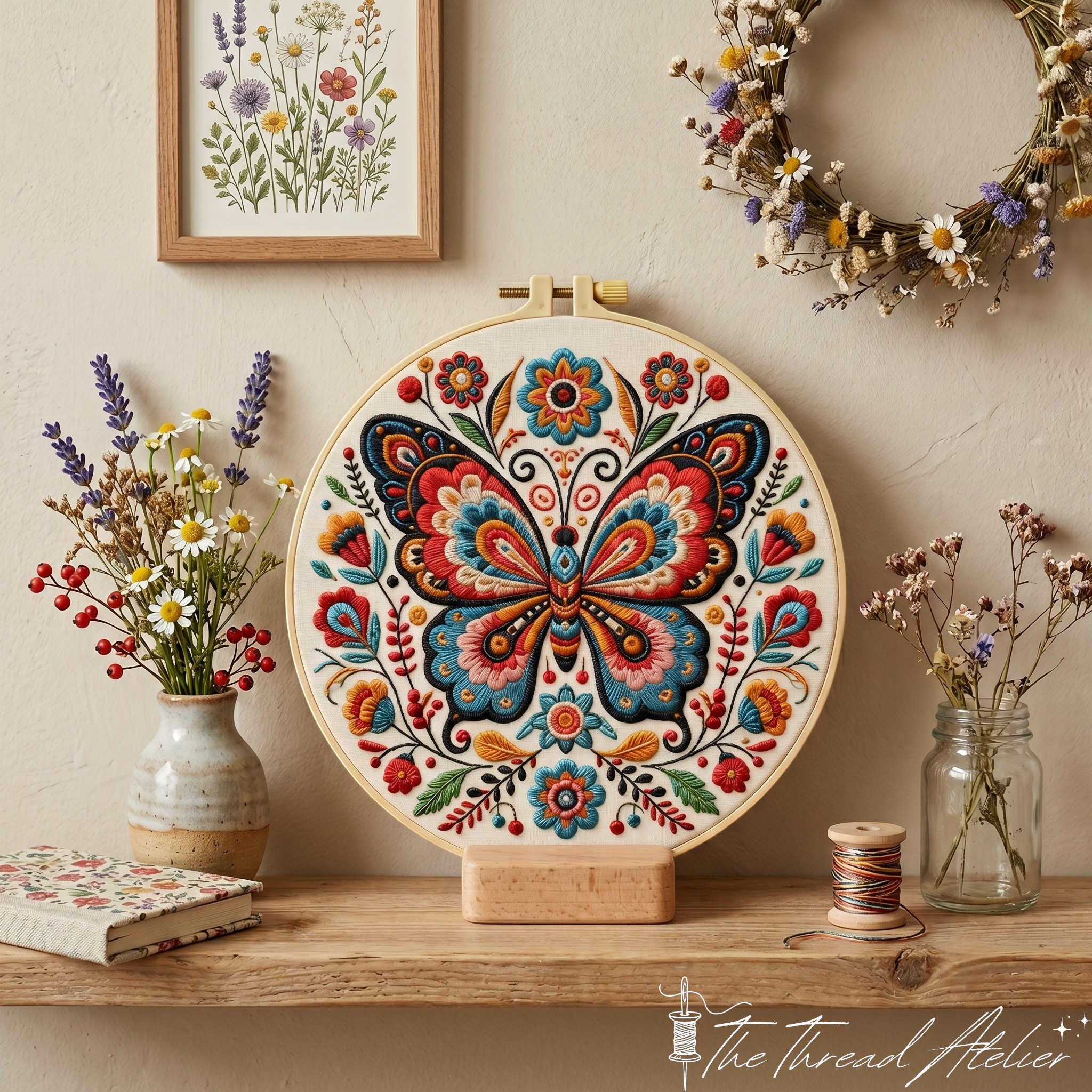 Folk art butterfly embroidery kit with colorful Otomi floral motifs