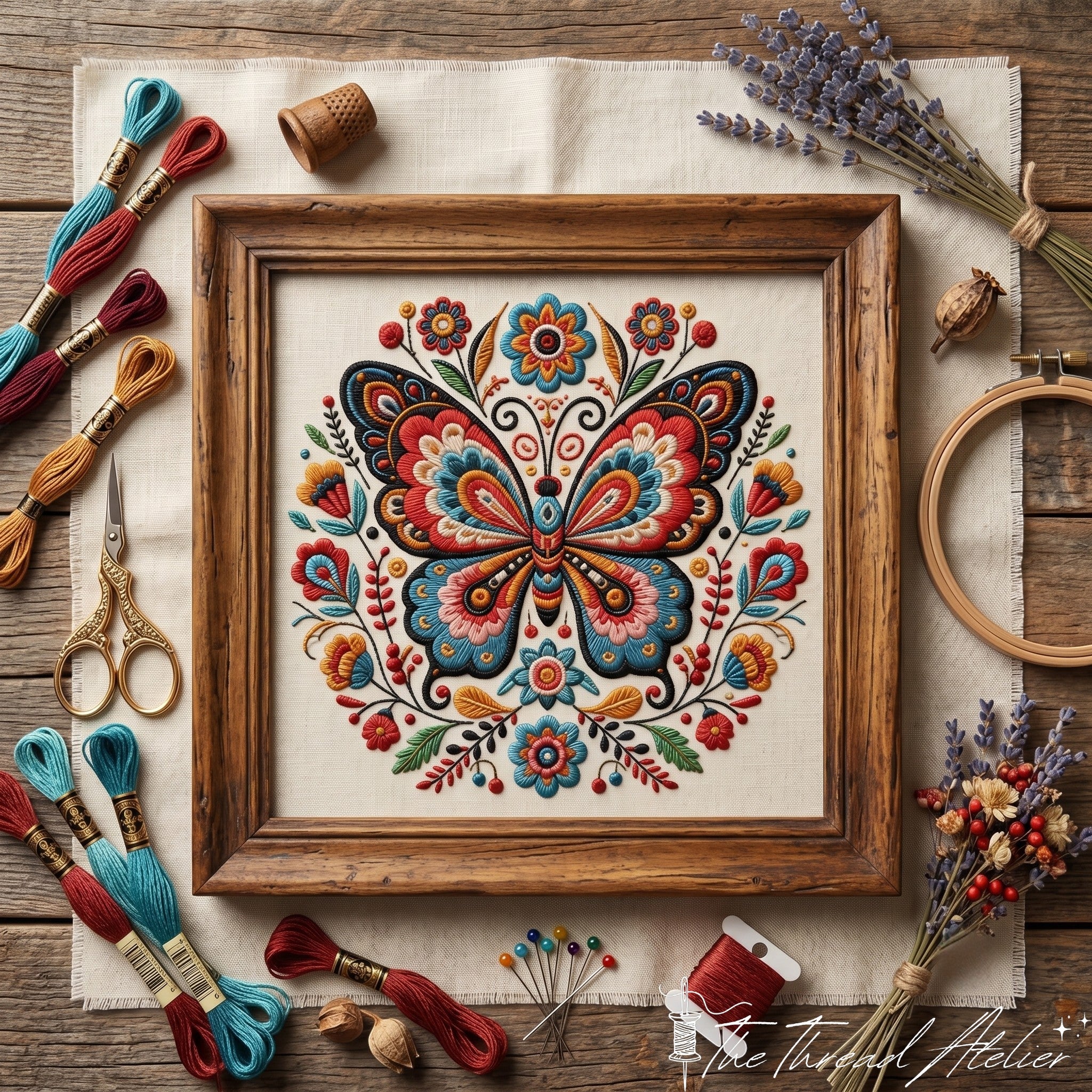 Boho butterfly hoop art stitched in bright cotton threads