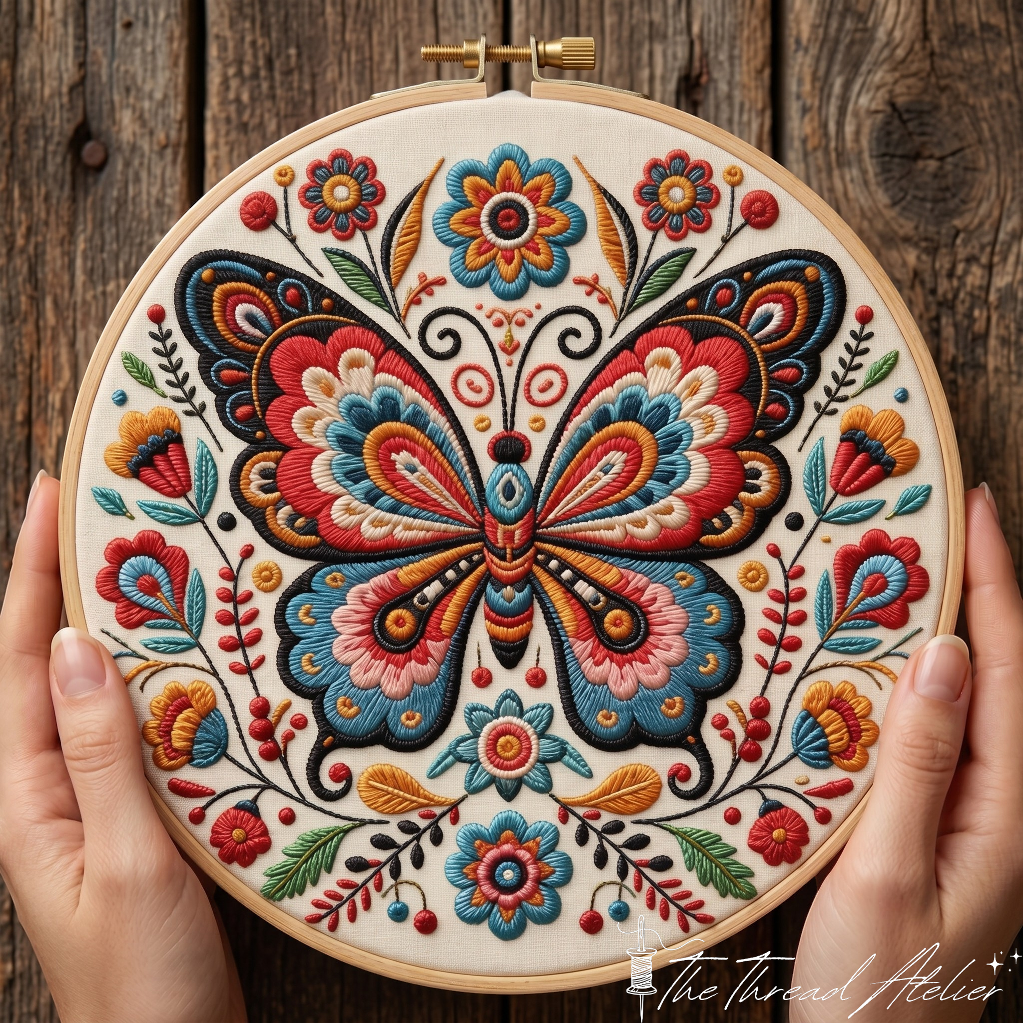 Otomi style needlework detail showing the butterfly wing pattern