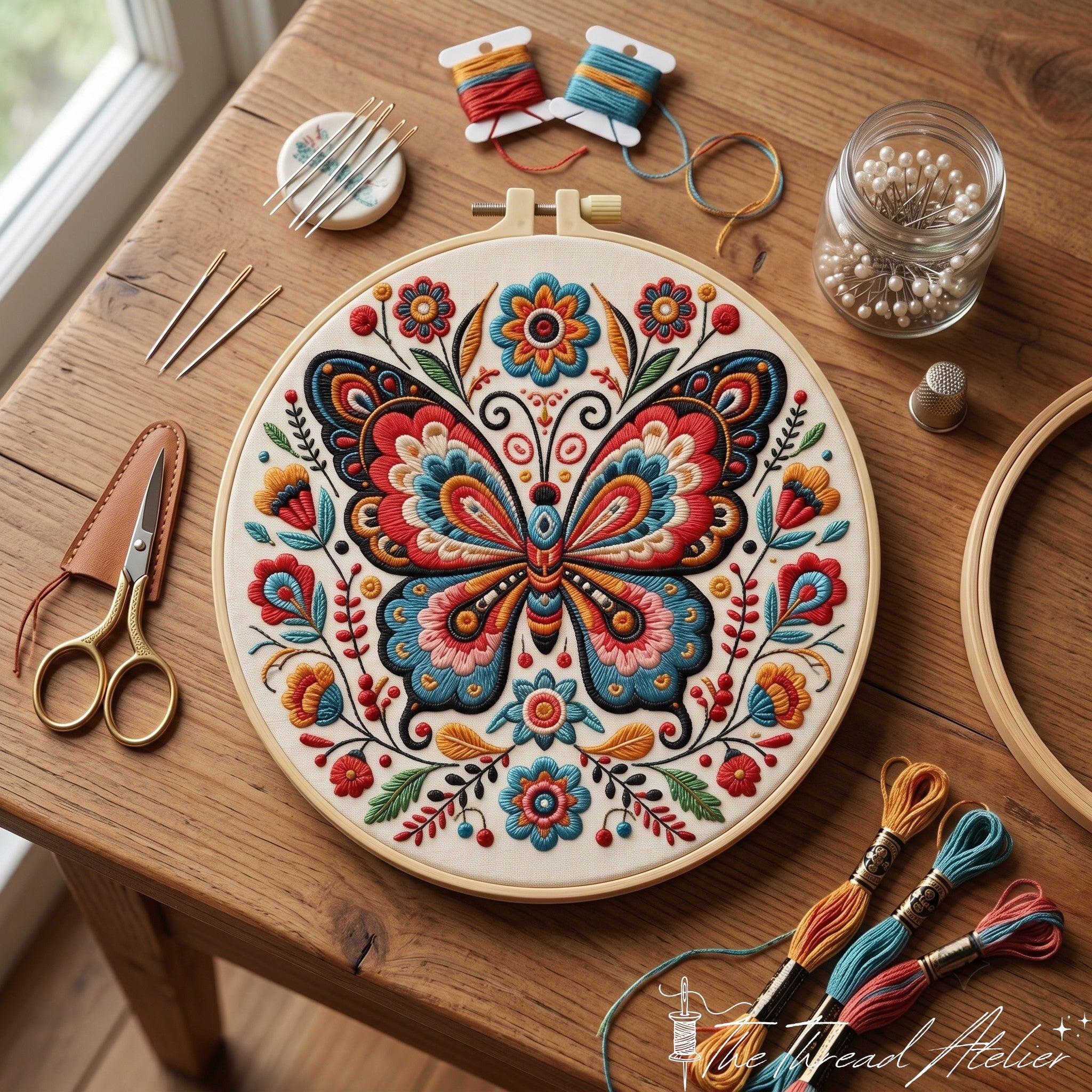 Colorful folk art butterfly hoop finished as a craft gift