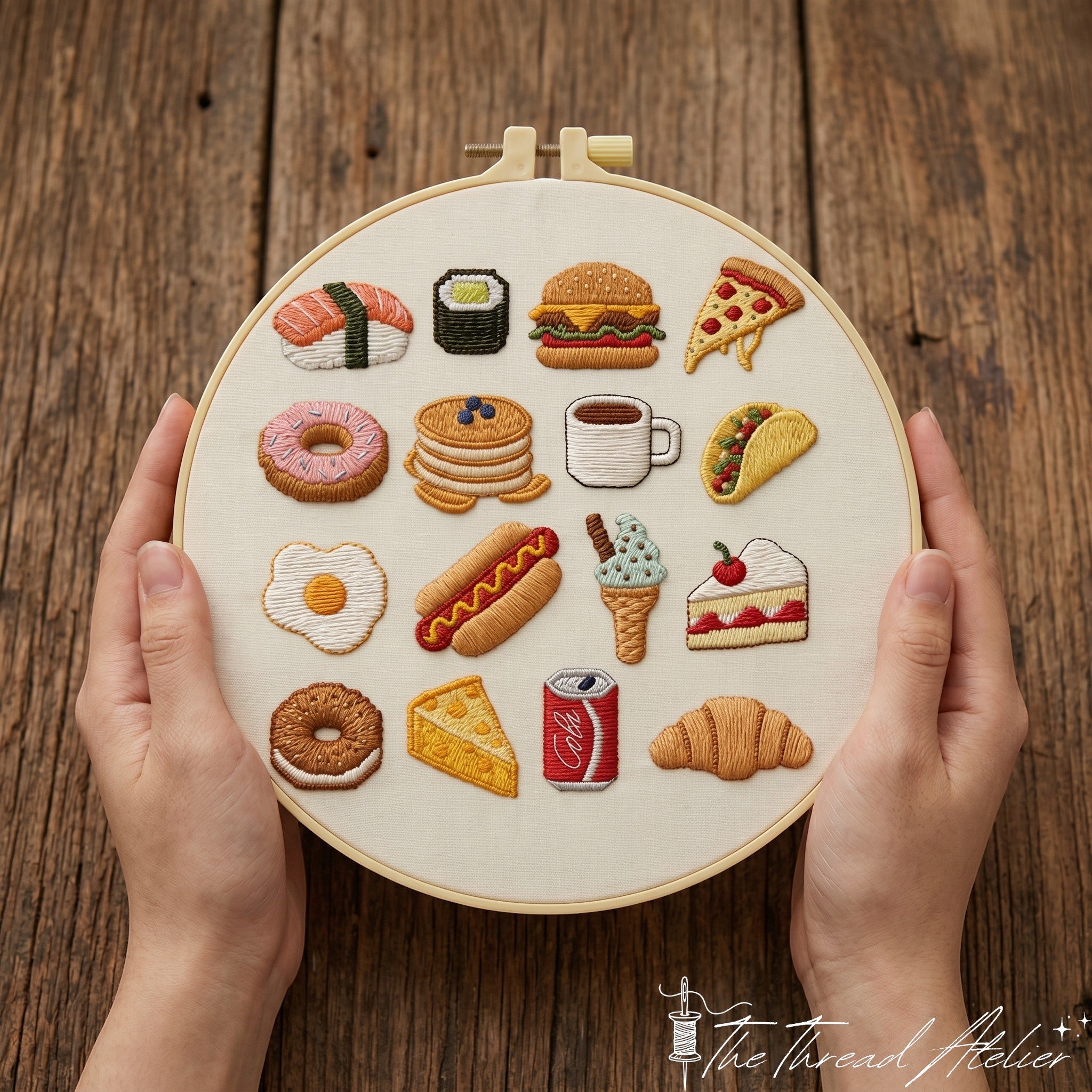 Foodie needlework hoop art in cutecore style, colorful cotton threads