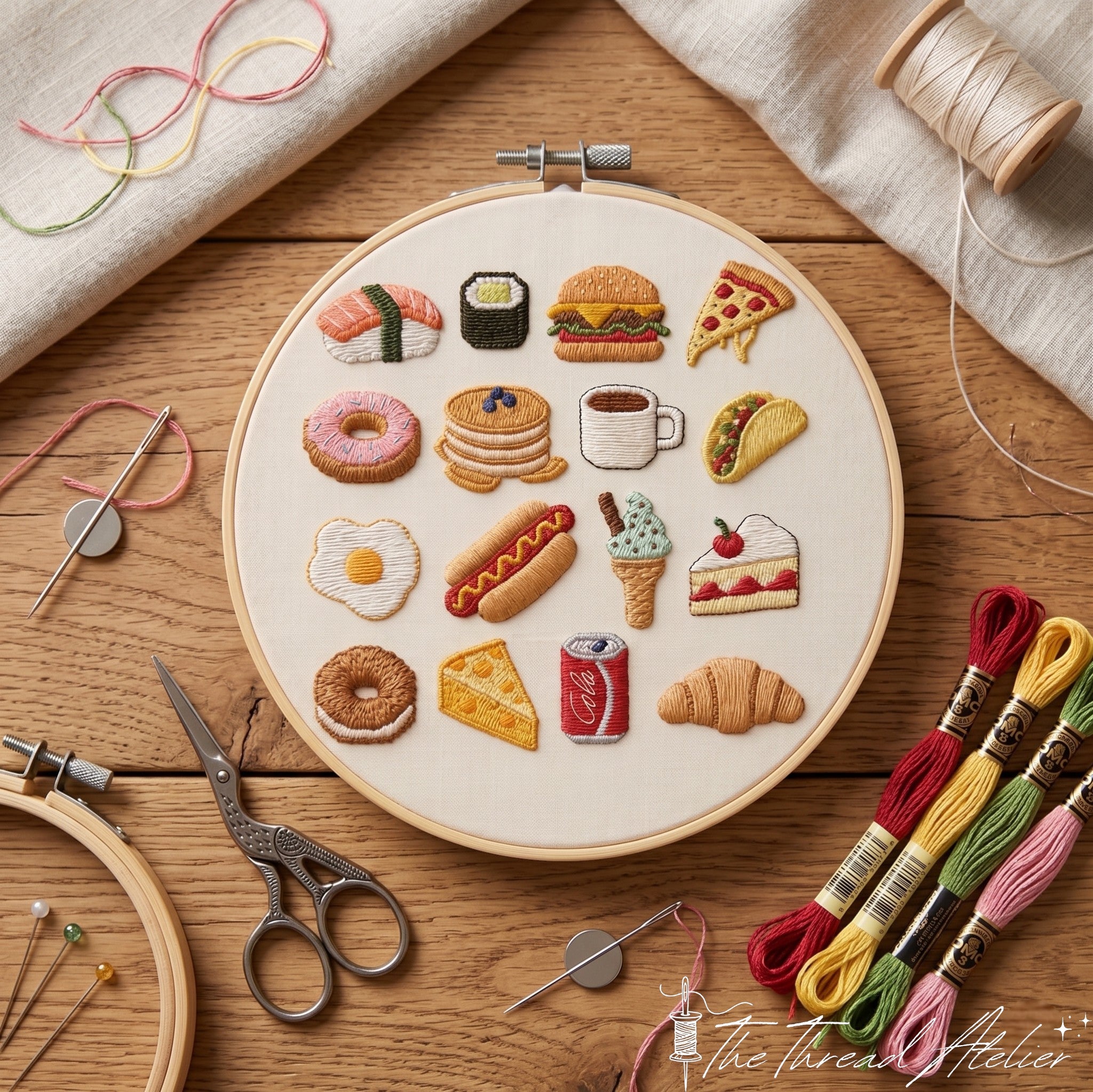 Close view of the kawaii snack embroidery pattern and its stitches
