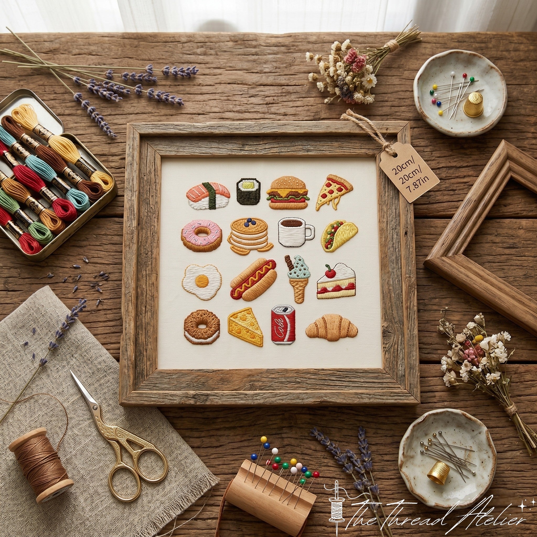 Kawaii food hoop art used as wall decor in a craft room