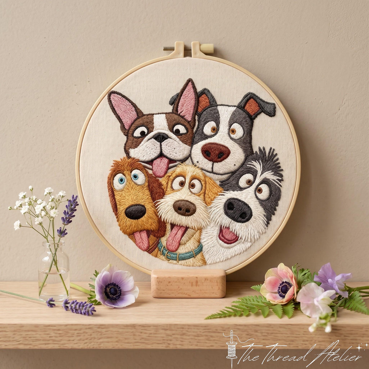 Five funny dogs hoop art on a wooden stand surrounded by pink, white and purple flowers