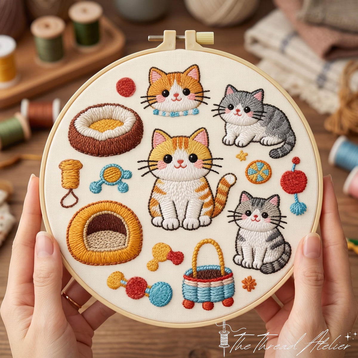 Four orange and gray kittens stitched with cat beds, toys and a basket on cream fabric