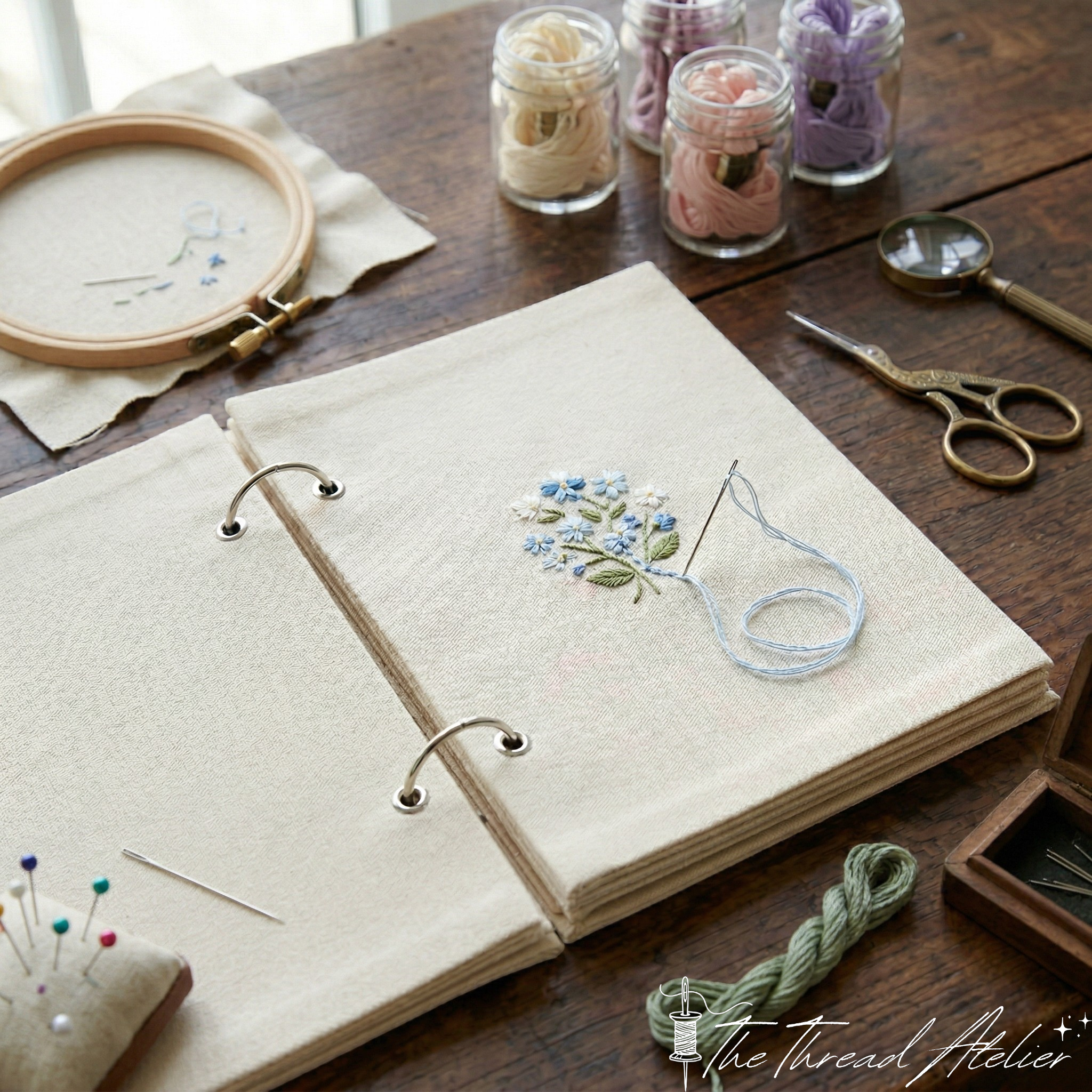 Linen embroidery practice book with blank fabric pages for stitching