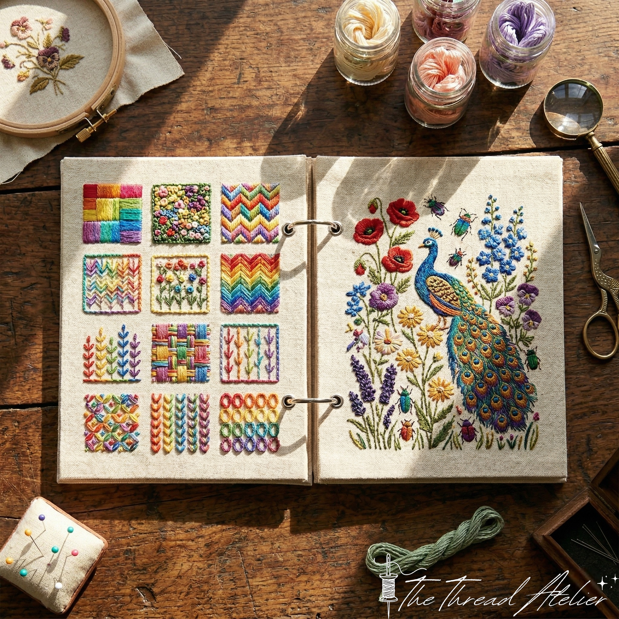 Open linen practice book showing embroidered sampler squares and a peacock design