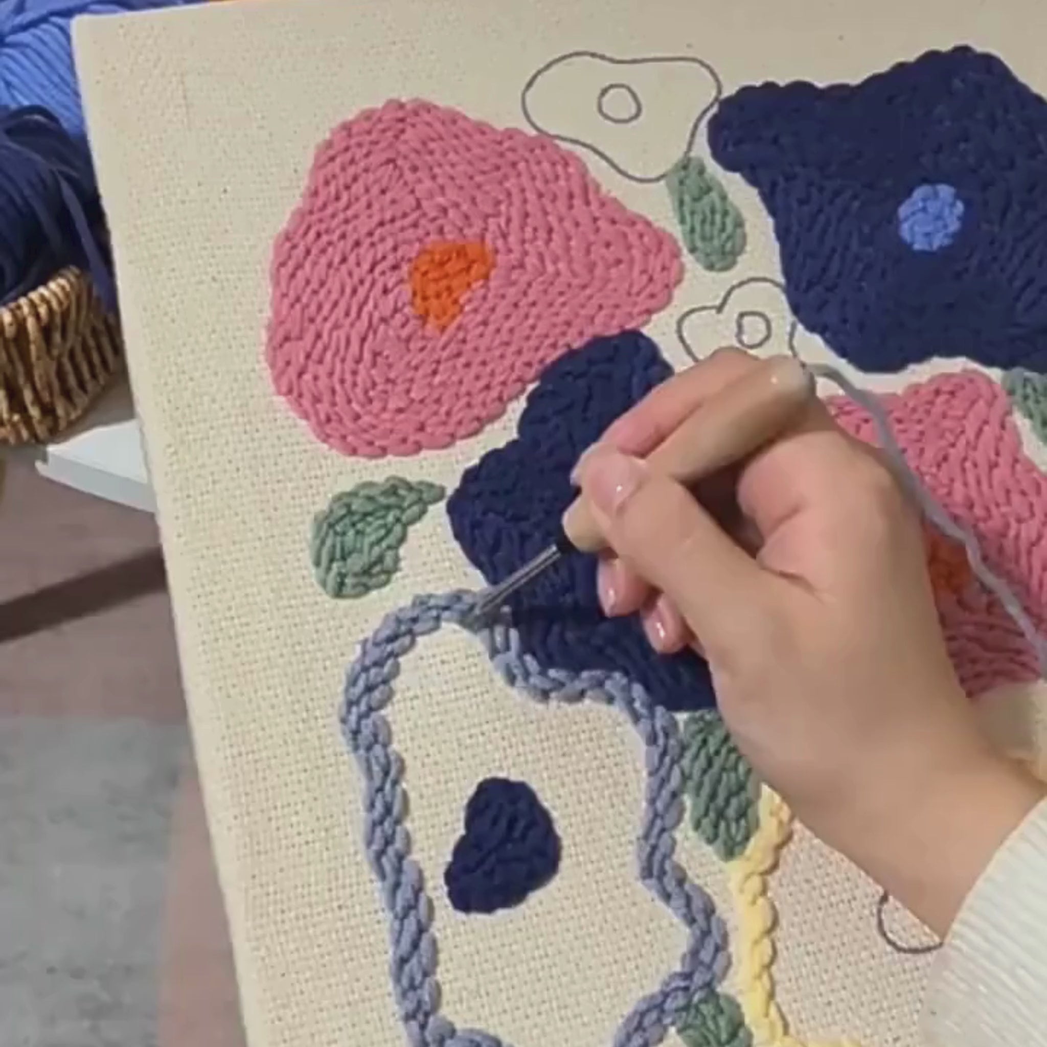Floral Punch Needle Kit: Colorful Modern Flowers Wall Art, Embroidery Craft Set for Beginners