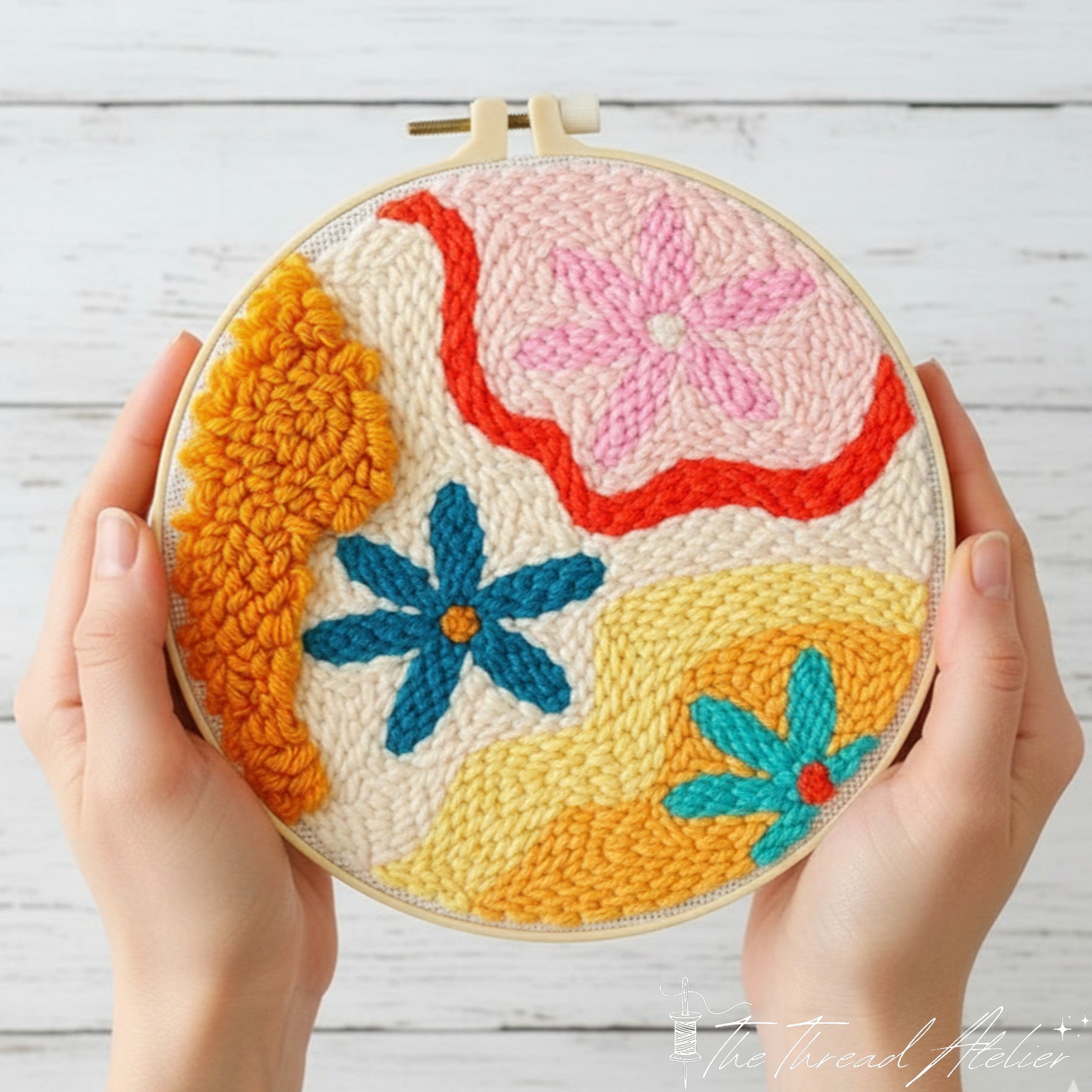 Modern punch needle kit with abstract colorful floral hoop art