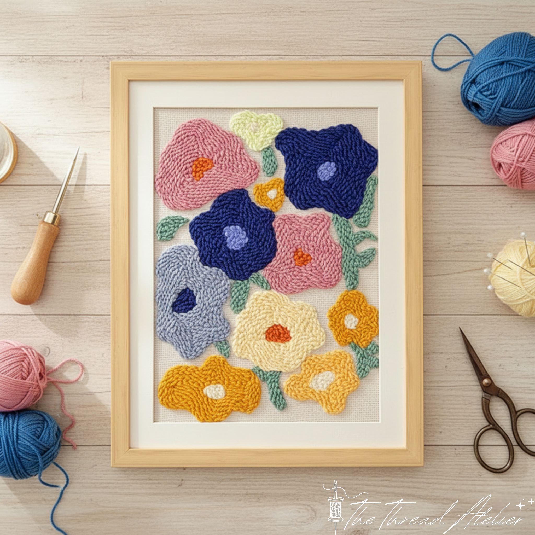 Floral punch needle kit with colorful modern flower wall art