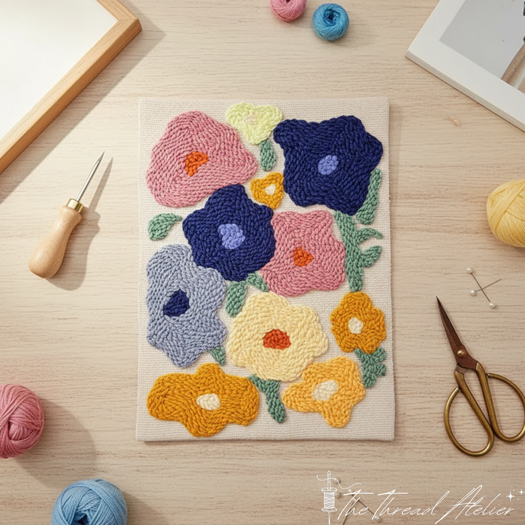 Modern flower punch needle design worked in bright yarn loops
