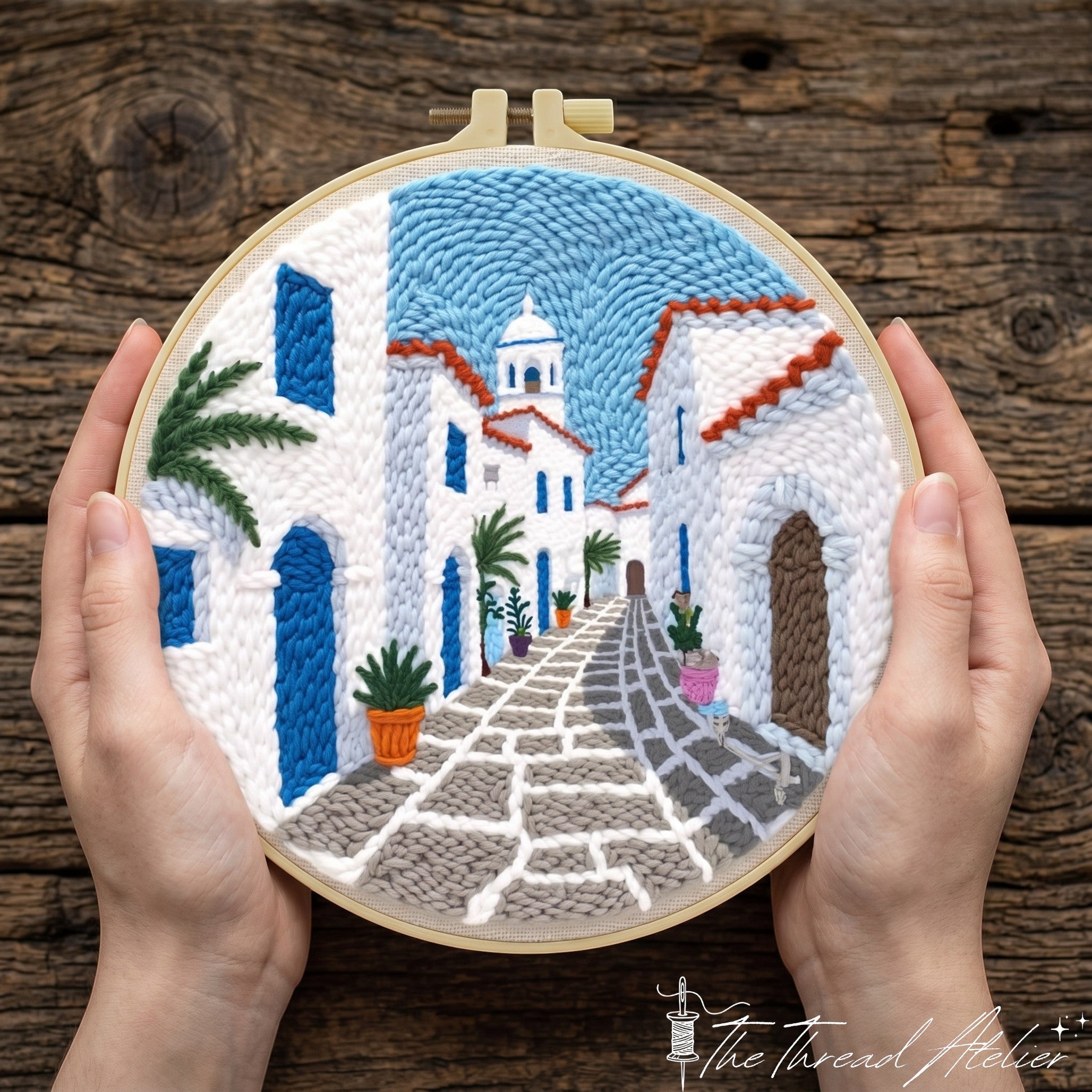 Greek street punch needle kit with Mediterranean village hoop art