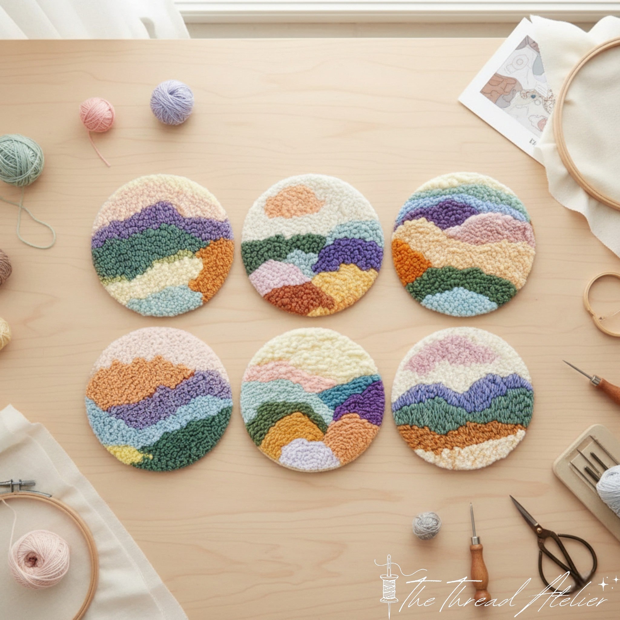 Punch needle kit with abstract colored horizon coaster designs
