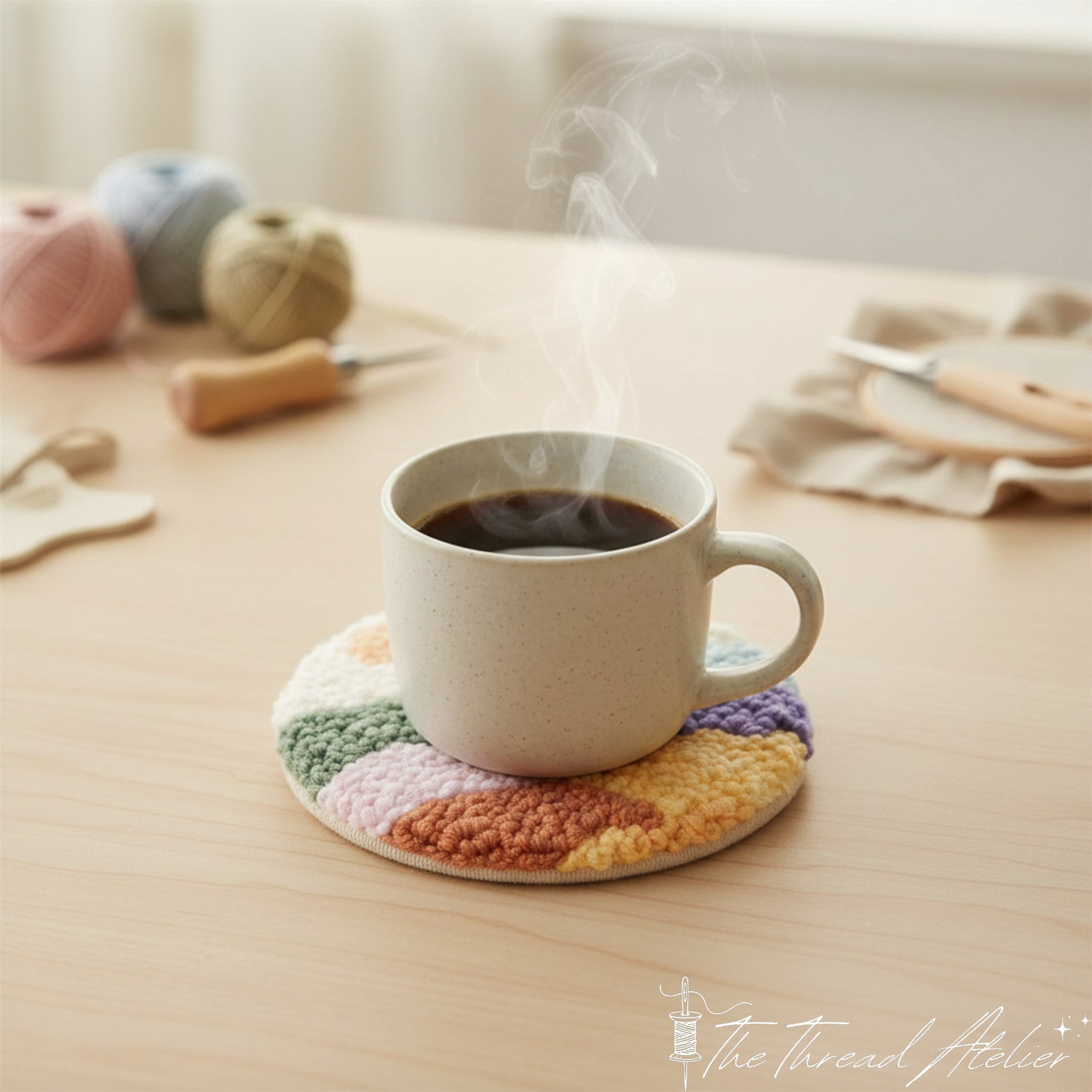 Handmade punch needle coasters in graded sunset yarn tones