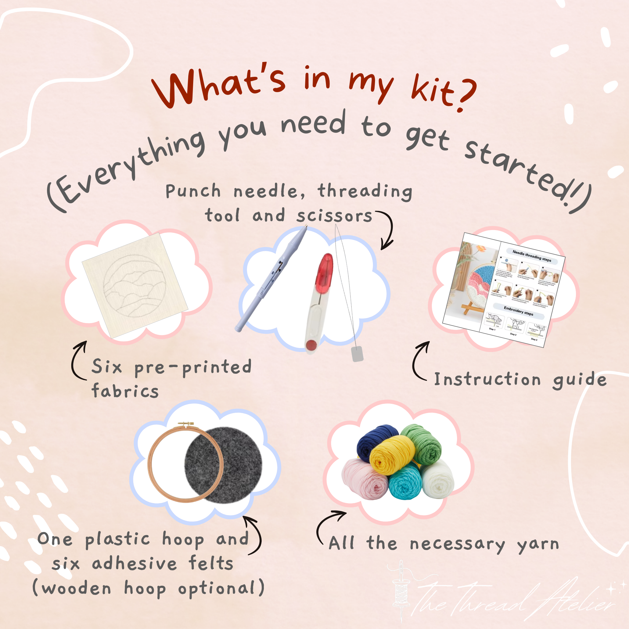 Punch needle coaster kit with yarn and pre-printed fabric