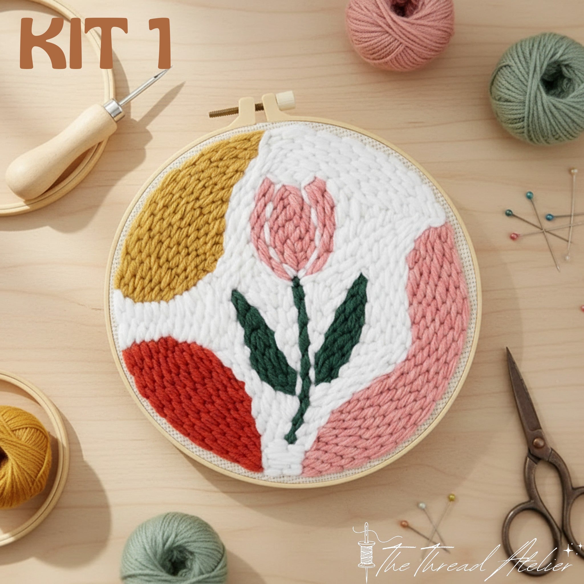 Abstract flower punch needle hoop art worked in bright yarn