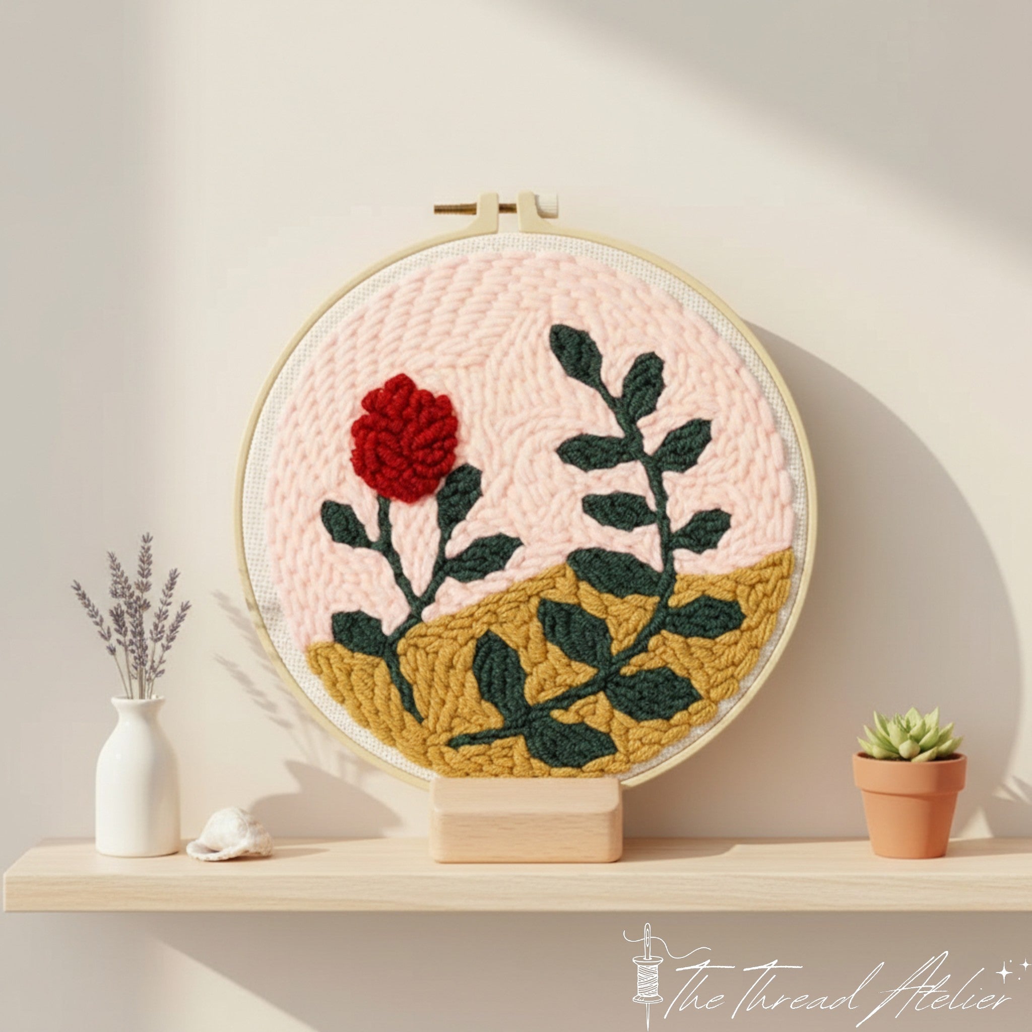 Beginner punch needle set with pre-printed fabric and yarn