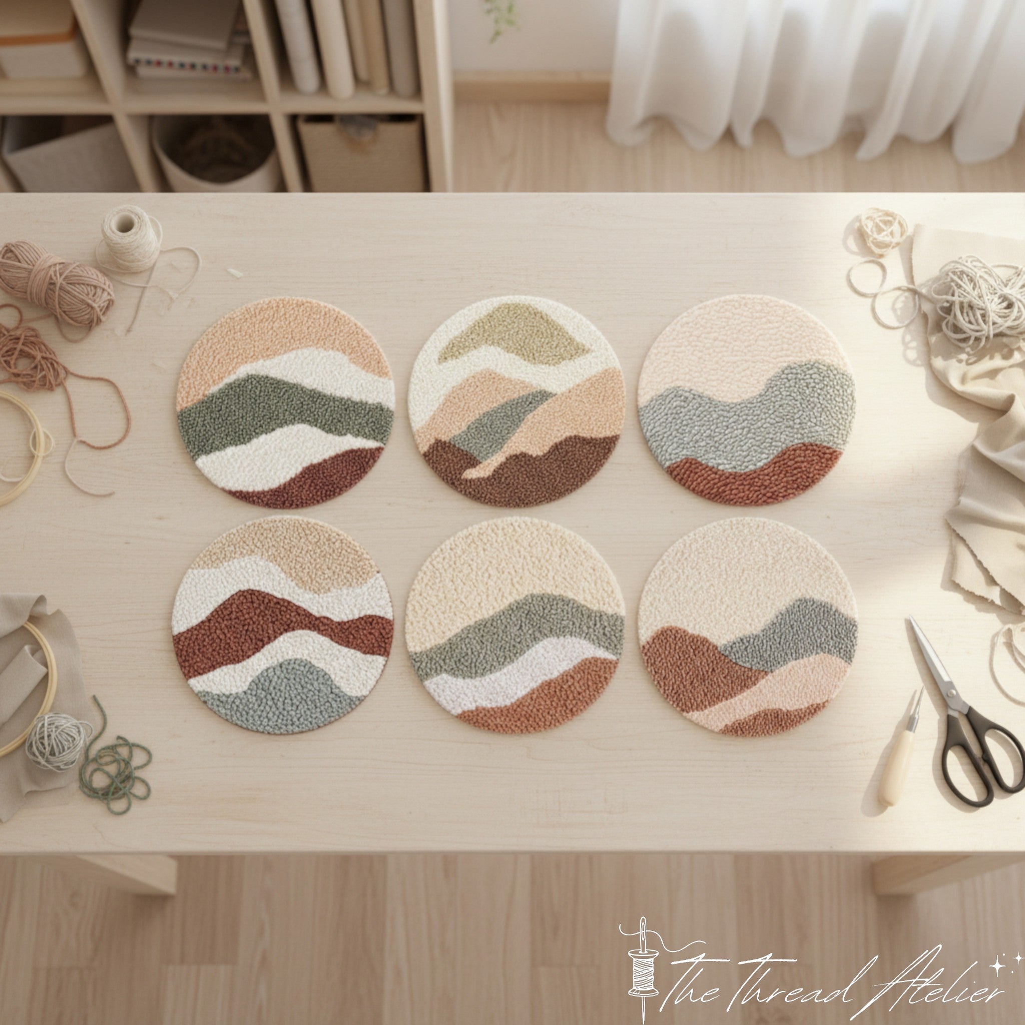 Punch needle kit with abstract mountain landscape coaster designs