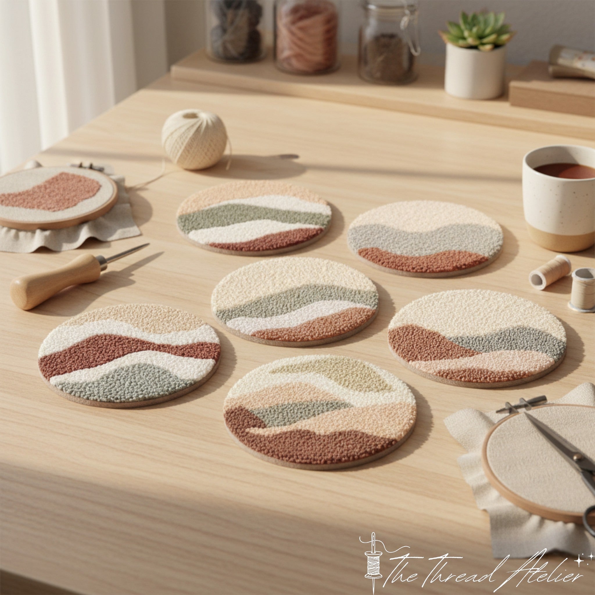 Handmade punch needle coasters in layered earth tone yarns
