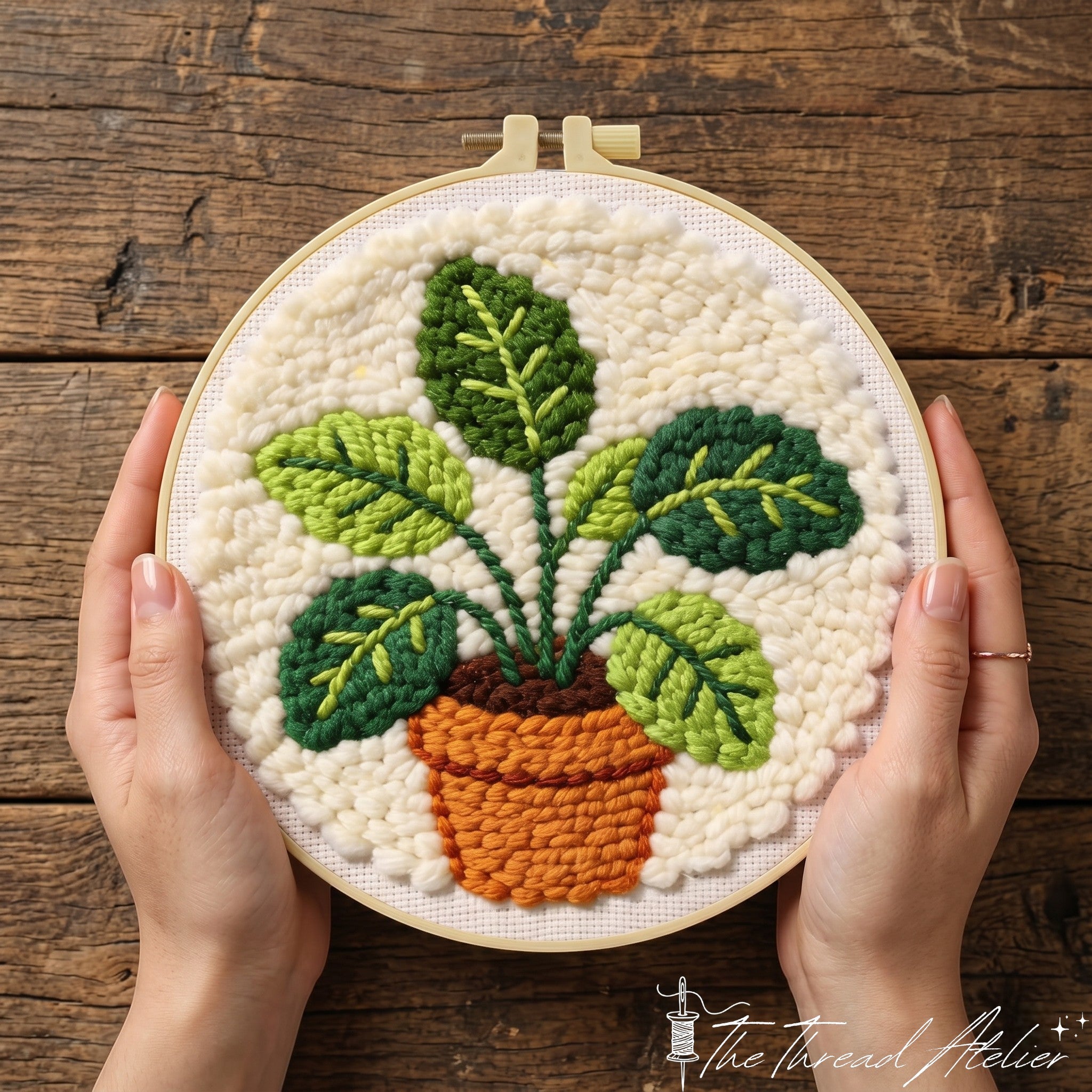 Potted plant punch needle kit with boho hoop art design