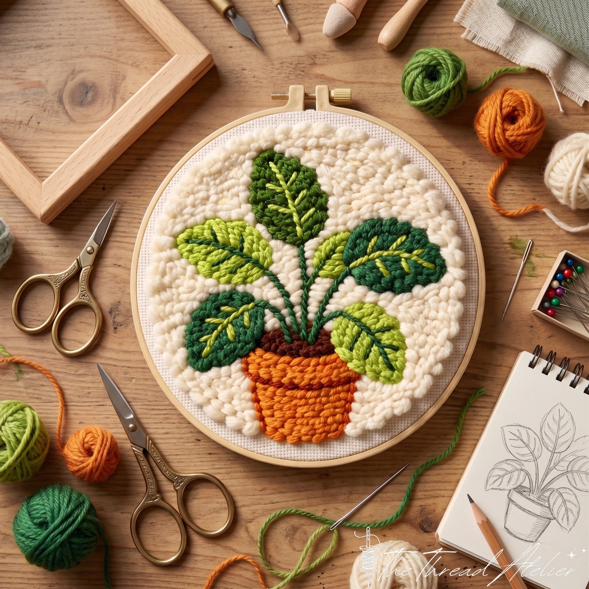 Close view of the looped yarn texture on the potted plant design