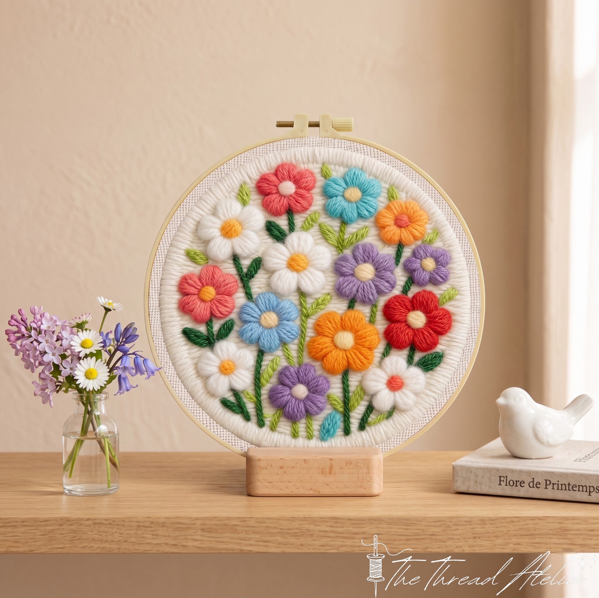 Punch needle wall decor with looped flowers worked in bright yarn